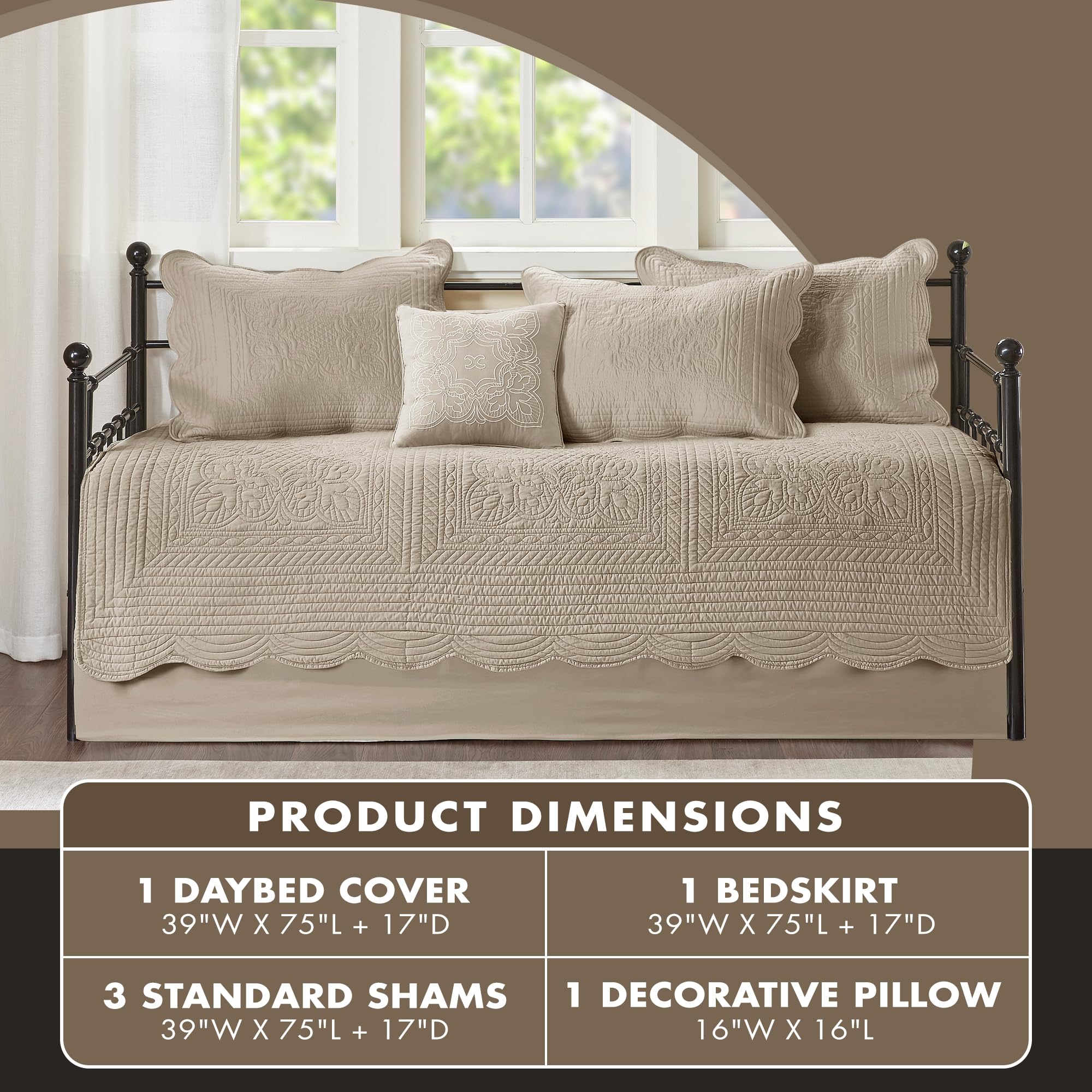 6-Piece Damask Quilted Daybed Cover Set with Scalloped Edge | All Season