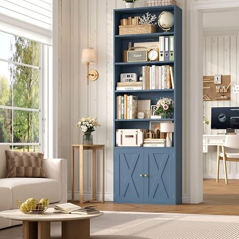 7-Tier Bookcase with Doors & Adjustable Shelves