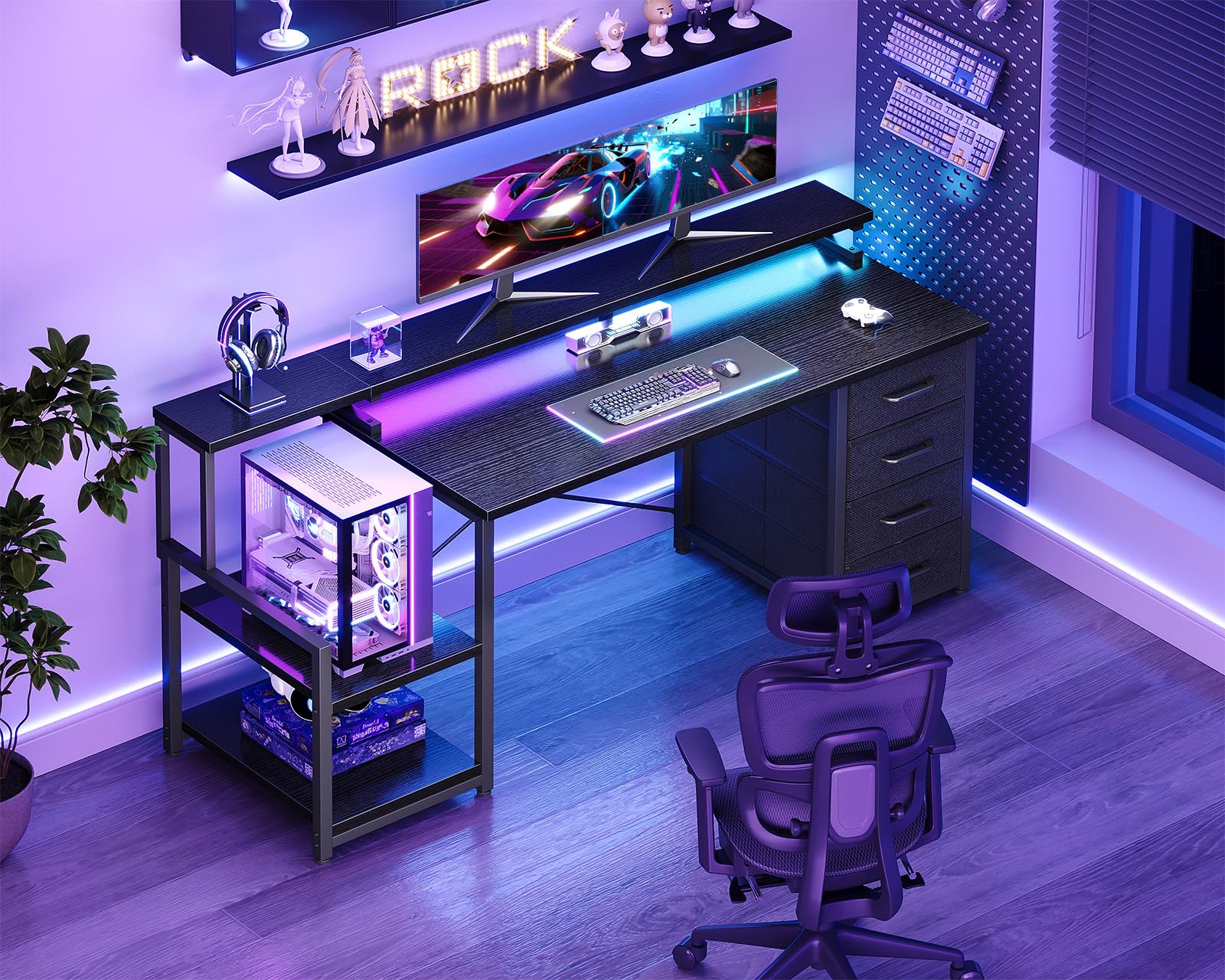 55" Computer Desk with LED Lights & 4 Drawers