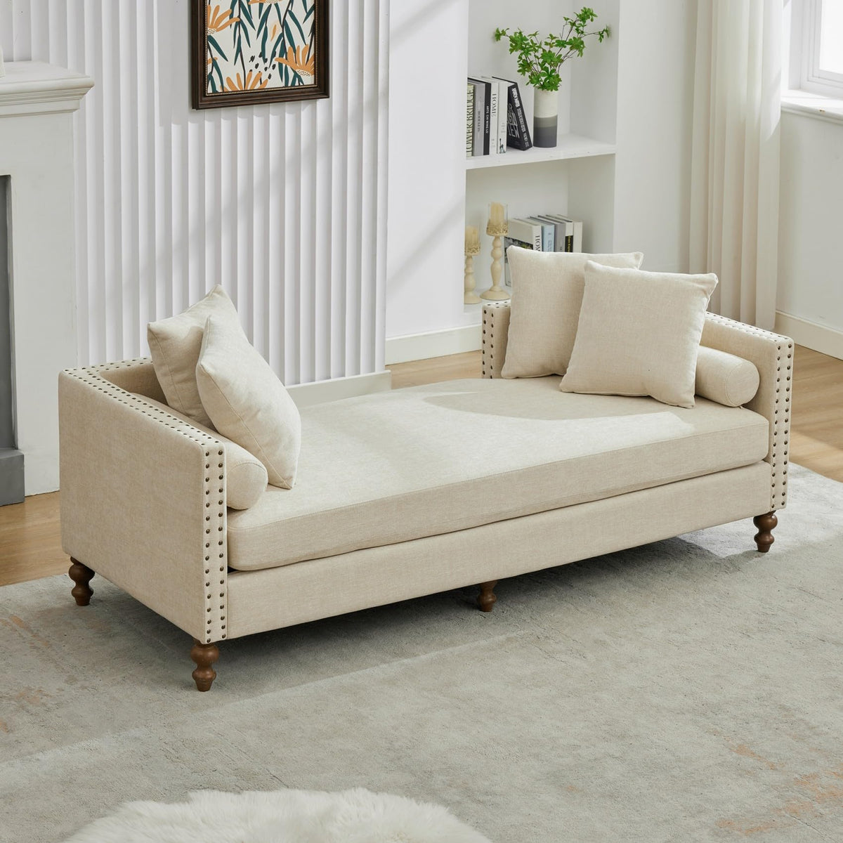 KEIKI 75" Chenille Indoor Chaise Lounge Chair with 4 Pillows, 2 Bolsters & Nailheads, Upholstered Sleeper Sofa Couch Day Bed, Rubber Wood Legs Daybed Recliner Bench for Living Room Bedroom Apartment