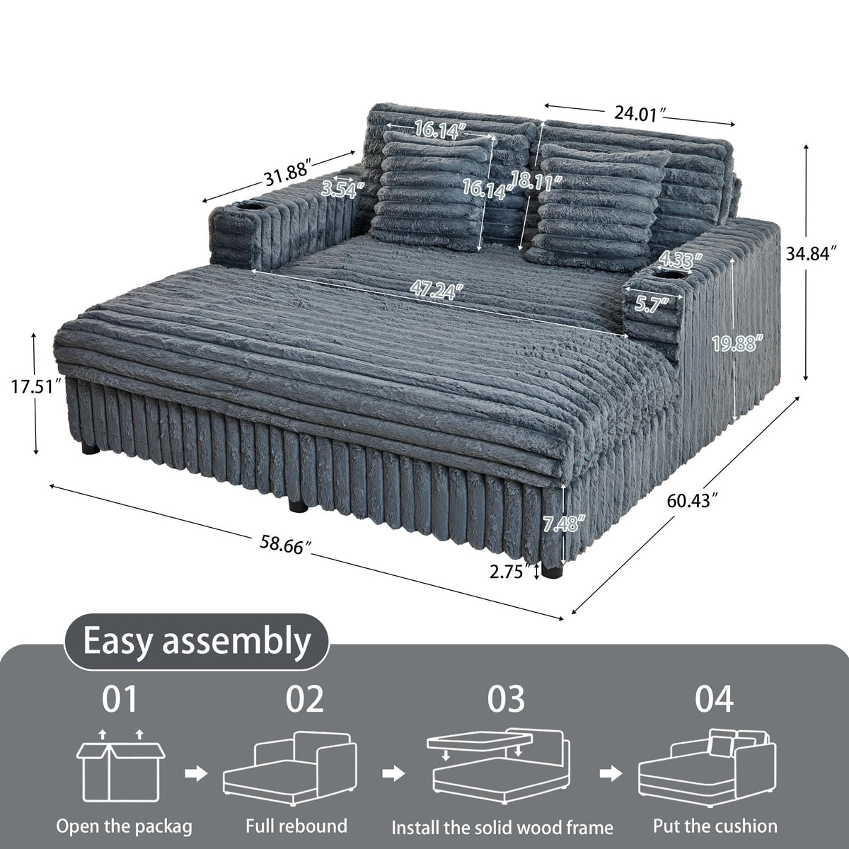RARZOE 60.43'' Oversized Chaise Lounge Chair Indoor, Grey