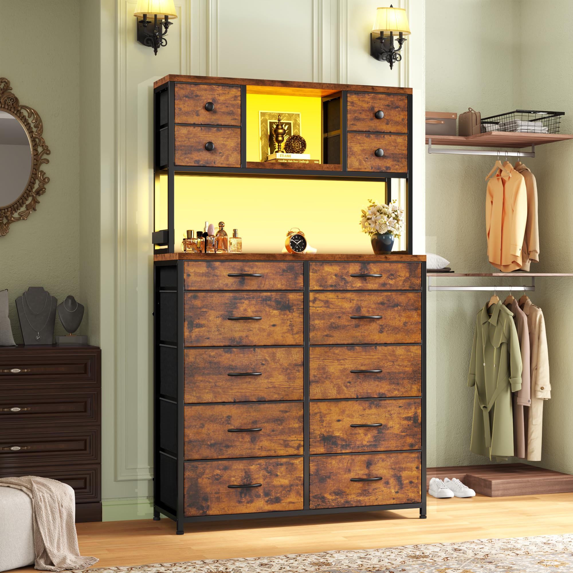 62“H Dresser for Bedroom with Large Drawers,Dressers & Chests of Drawers Featuring LED Light and Charging Ports,Sturdy Fabric Drawers with Open Storage Shelves, Wood Top,Steel Frame(Rustic Brown)
