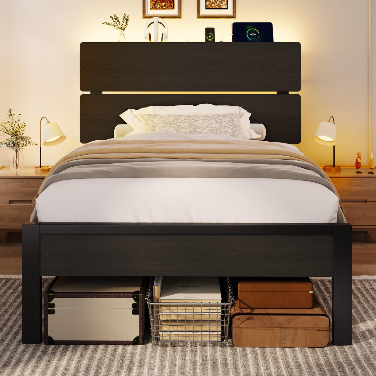 Twin LED Bed Frame with Charging Station