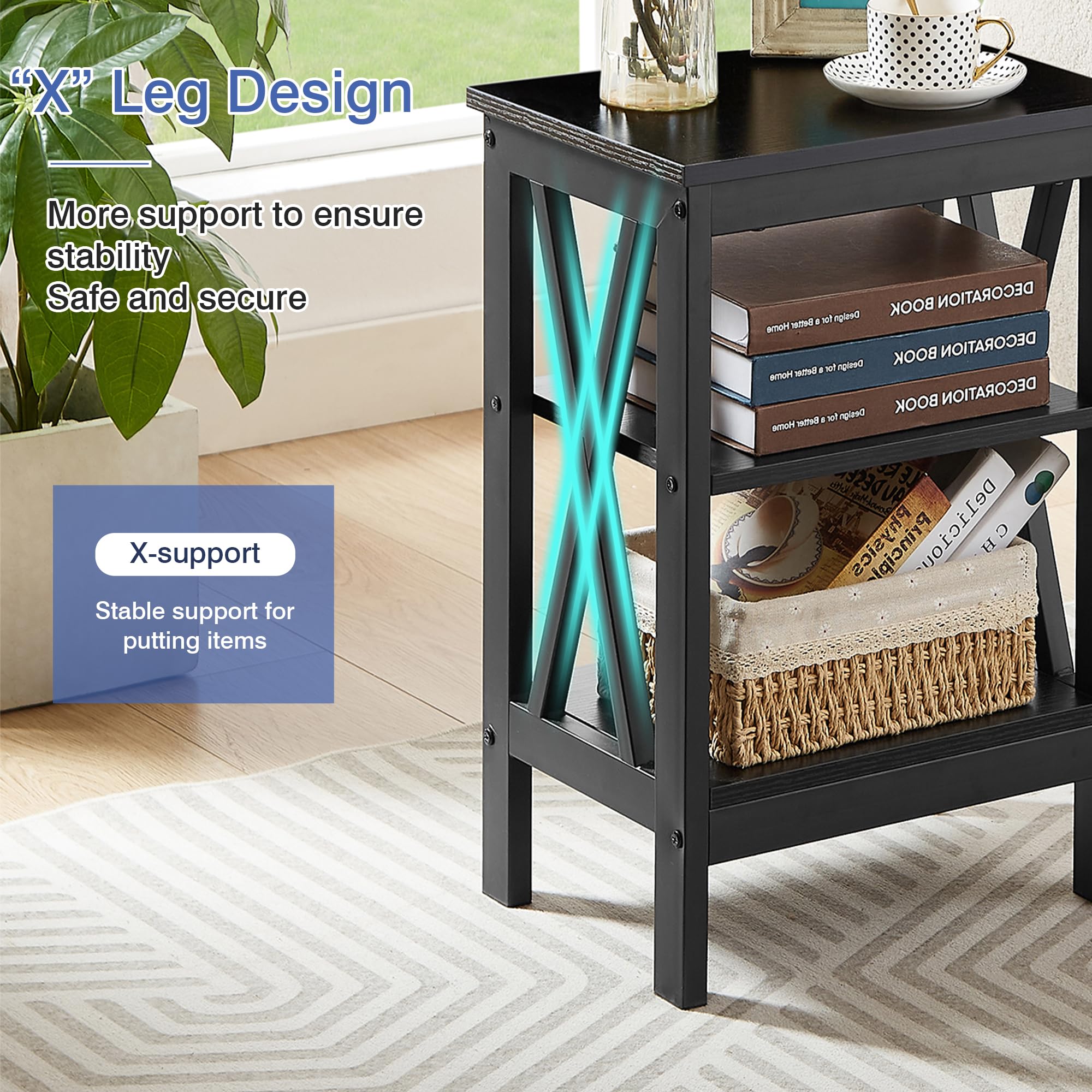 Nightstand End Table Set of 2 with Storage Shelf, X-Design