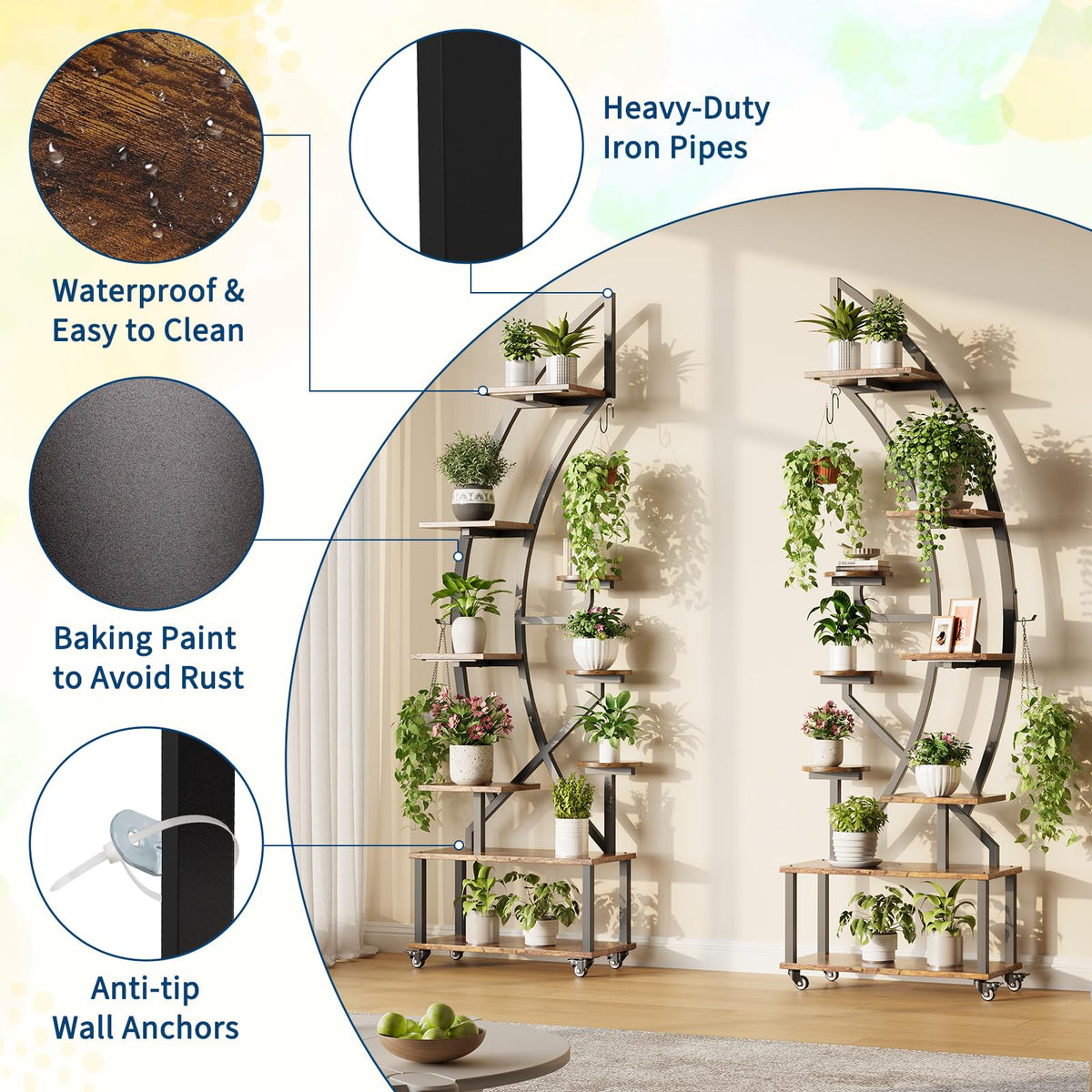 GarveeLife Plant Stand Indoor with Grow Lights, 6 Tiered Plant shelf with Wheels, 68 in Metal Plant Stand for Indoor Plants Multiple, 2 Pcs Plant Holder, Half-Moon Plant Display Rack for Living Room