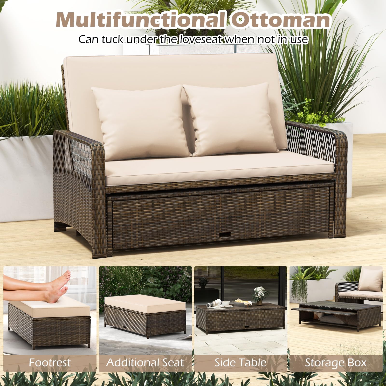 Patio Rattan Daybed with Storage Ottoman