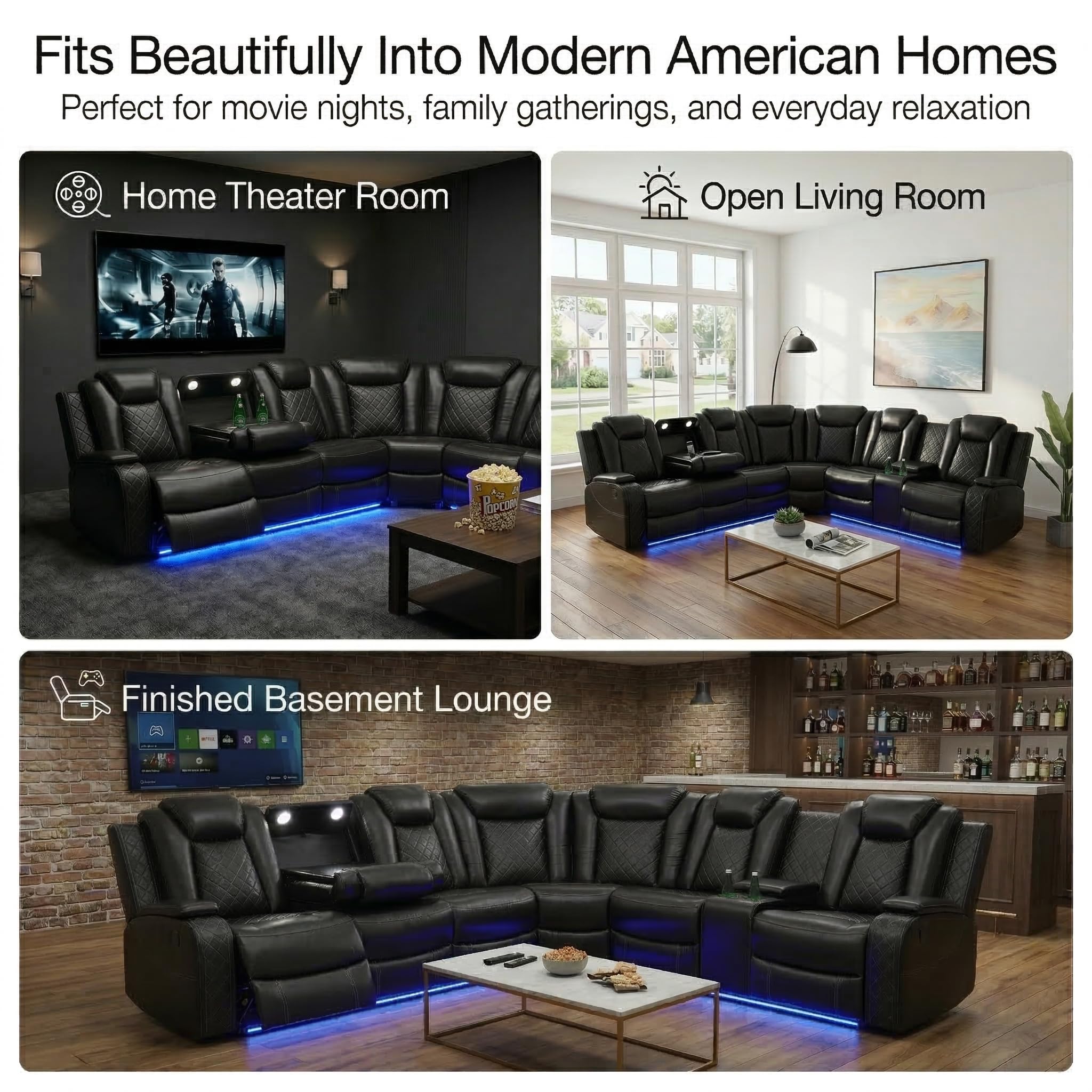 GzhAyyQ Power Reclining Leather Sectional Sofa Set for Living Room, 6-Seater Black Curved Couch with LED Lights, Cup Holders & Storage Console, Home Theater Seating