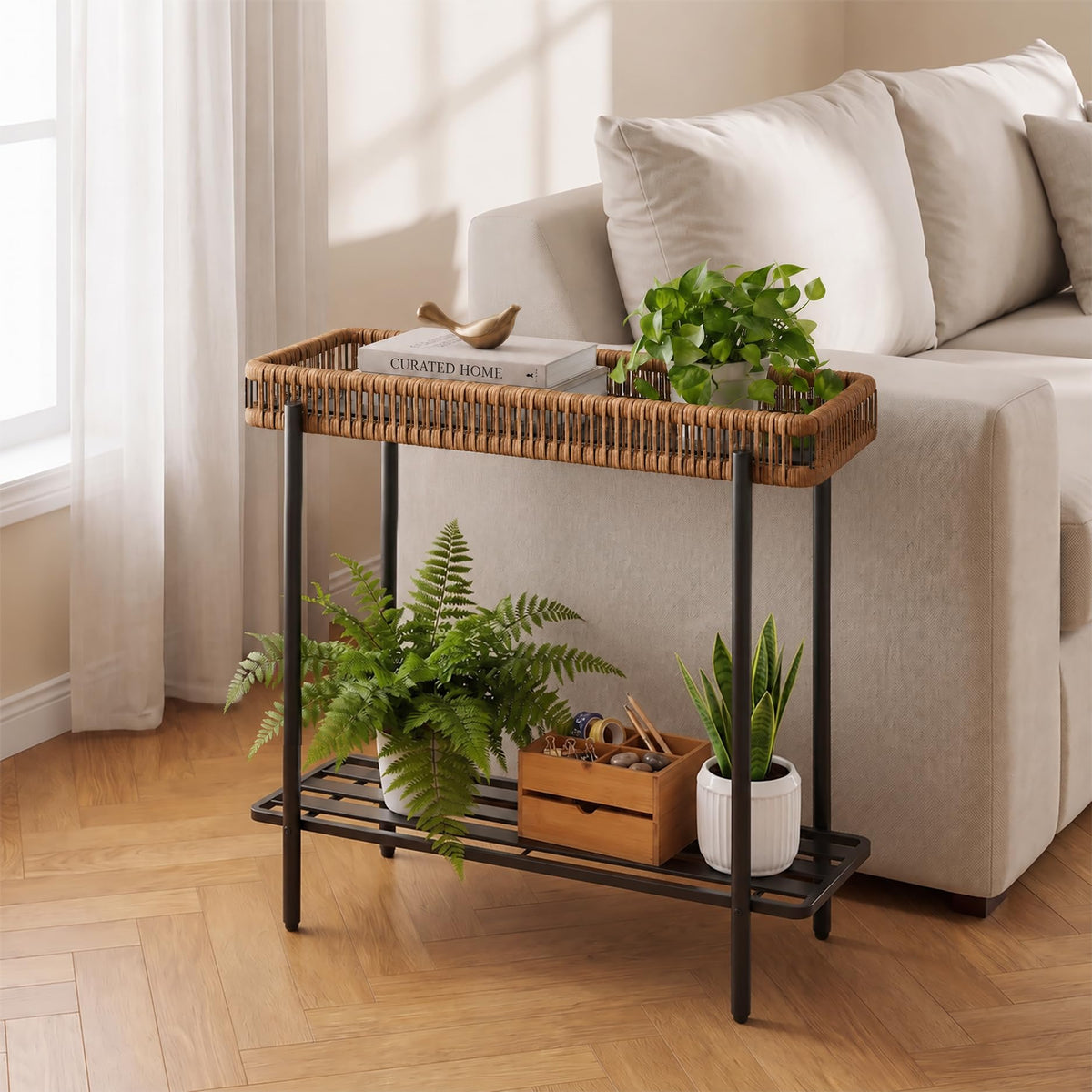 Mugovelo Metal Plant Stand with Rattan, Window Plant Rack Indoor Outdoor