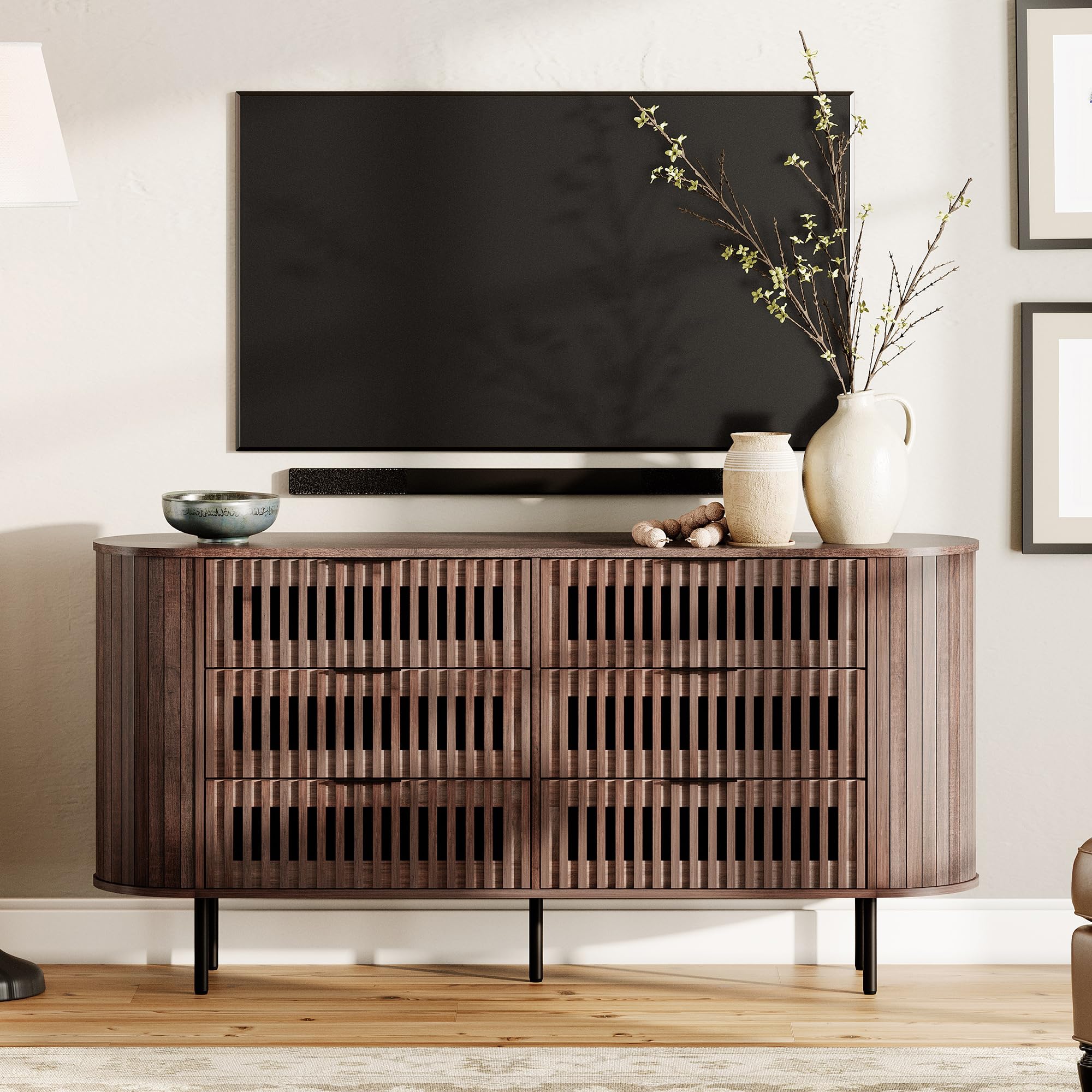6-Drawer Fluted Dresser with Curved Design