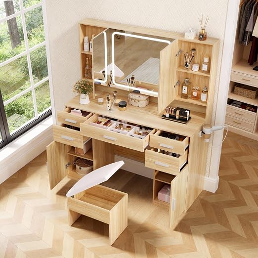 Makeup Vanity Set with Tri-Fold Mirror, Lights & Storage Stool