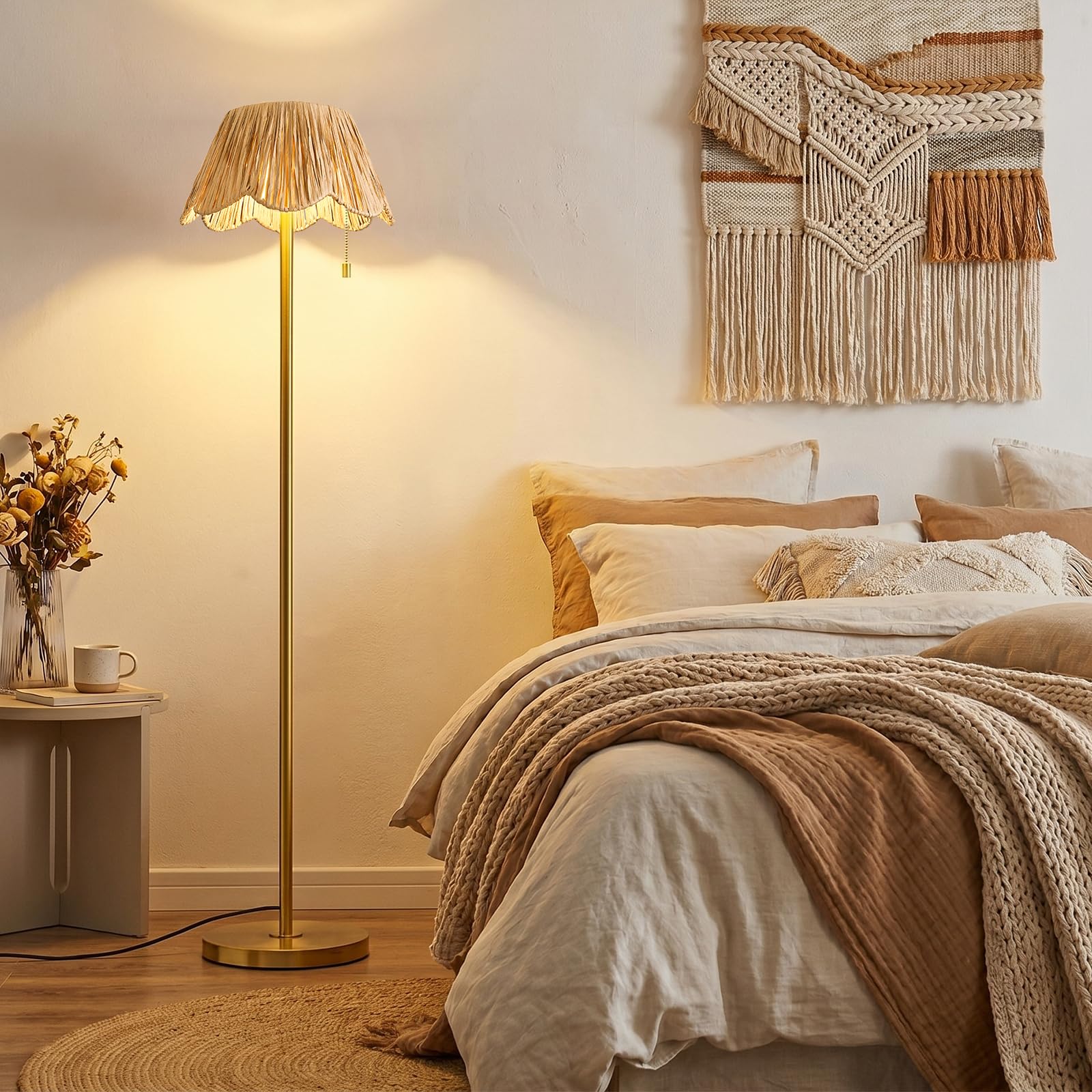 OYEARS 65" Boho Floor Lamps for Living Room, Rattan Floor Lamp, Pull Chain Switch, Gold Standing Lamp with Hand-Woven Shade, Farmhouse Tall Lamps for Nursery, Metal Base&Pole, Bulb not Included, Gold