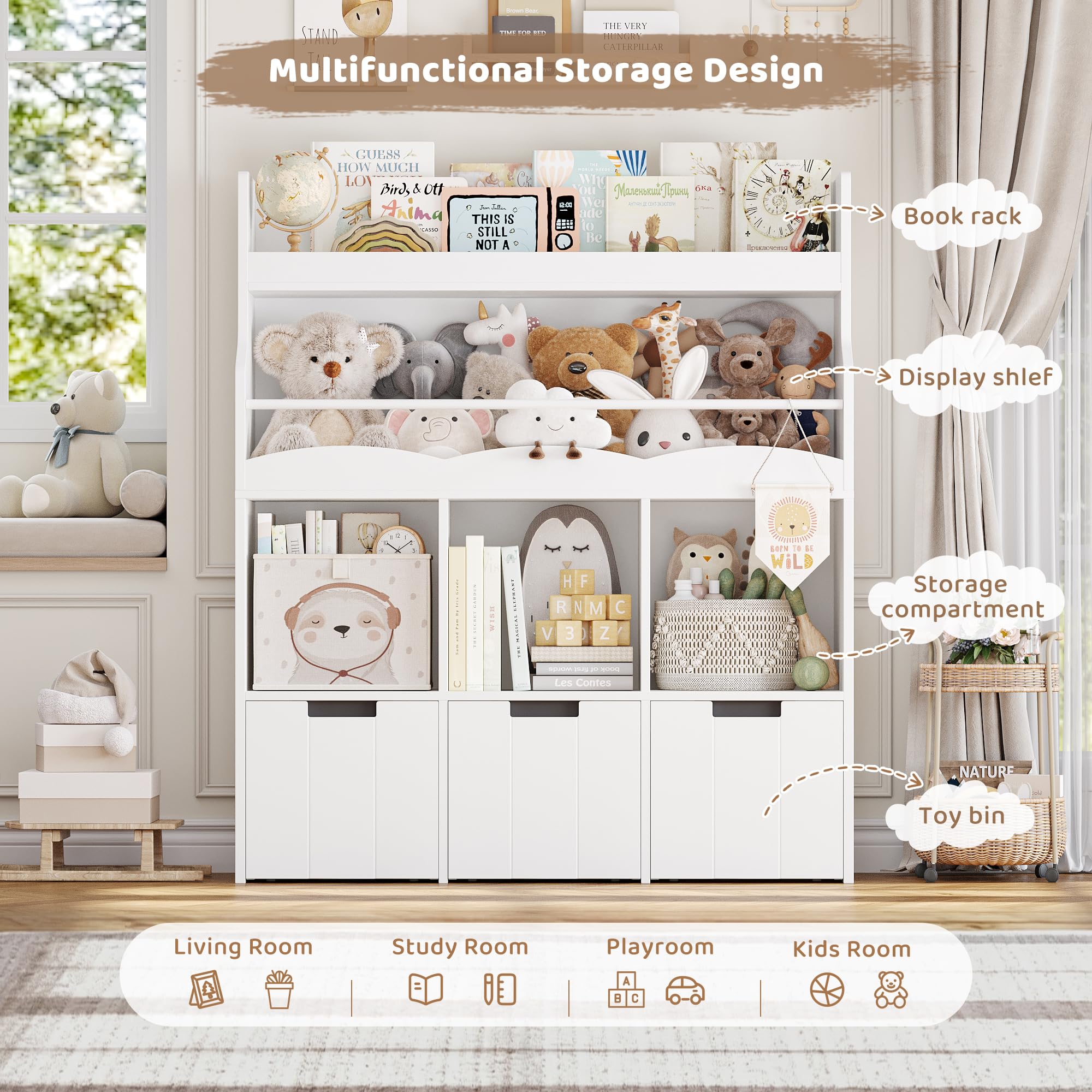 HITHOS Kids Toy Storage Organizer with Bookshelf, Multifunctional Book Shelf with 3 Movable Toy Organizers for Kids Room, Kids Bookcase and Toy Box, Toy Storage Chest for Playroom, White