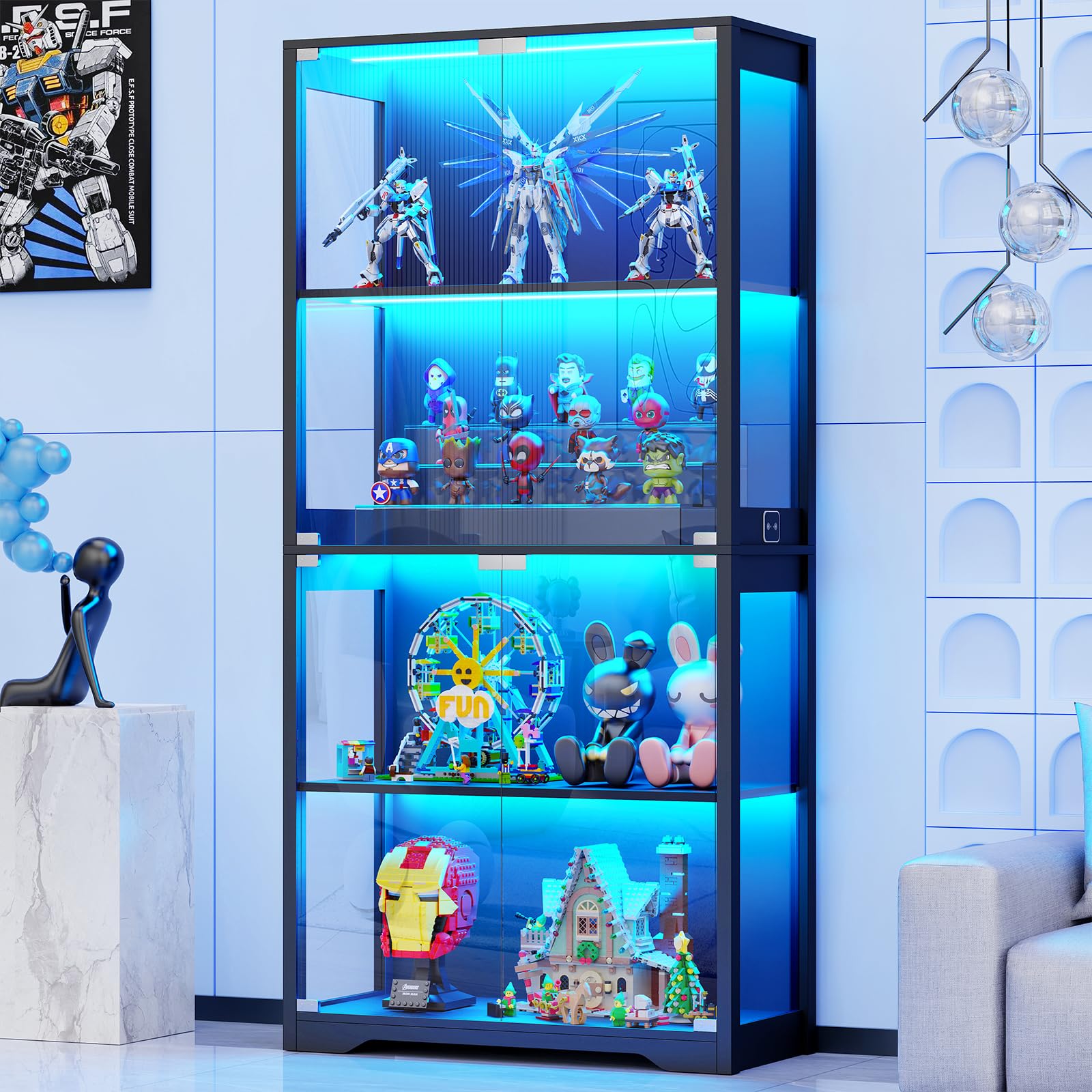 4-Tier Glass Display Cabinet with LED Lights