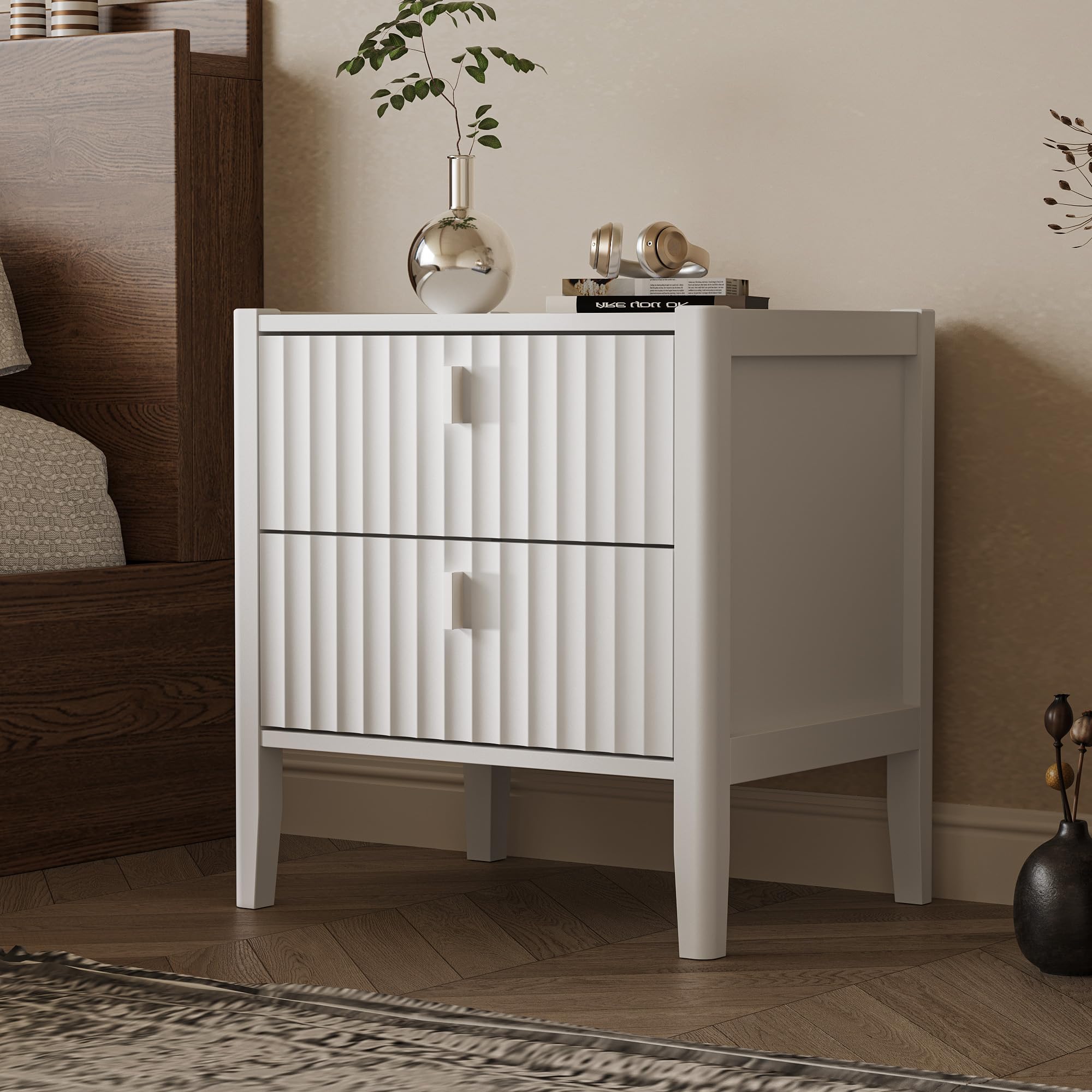 Nightstand with 2 Drawers, Fluted Bedside Table