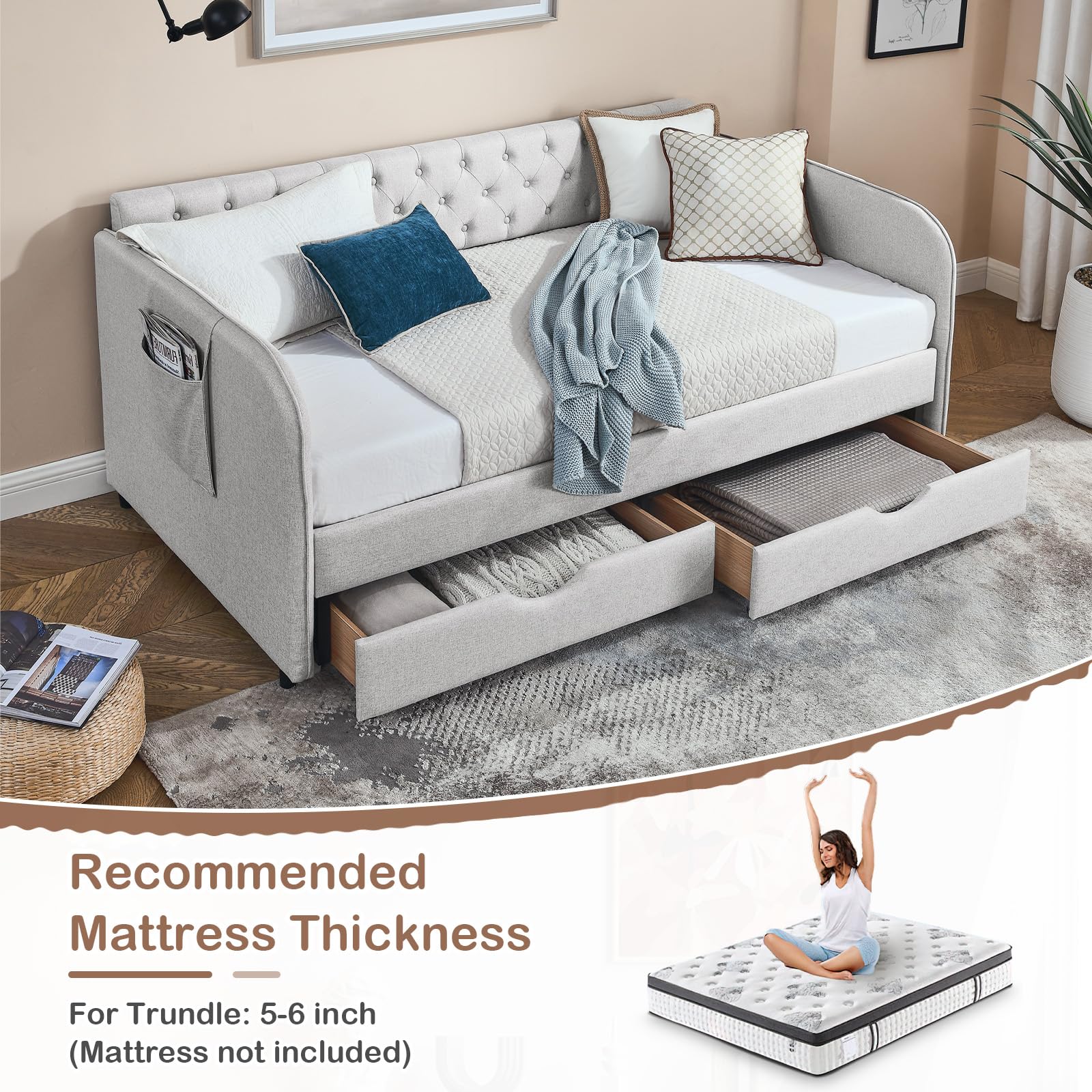 Antetek 80.5" Daybed with Drawer, Modern Button Tufted Linen Day Bed with Trundle Bed Twin to King, Upholstered Daybed Frame w/Storage Pocket for Bedroom, Living Room, No Box Spring Needed, Beige