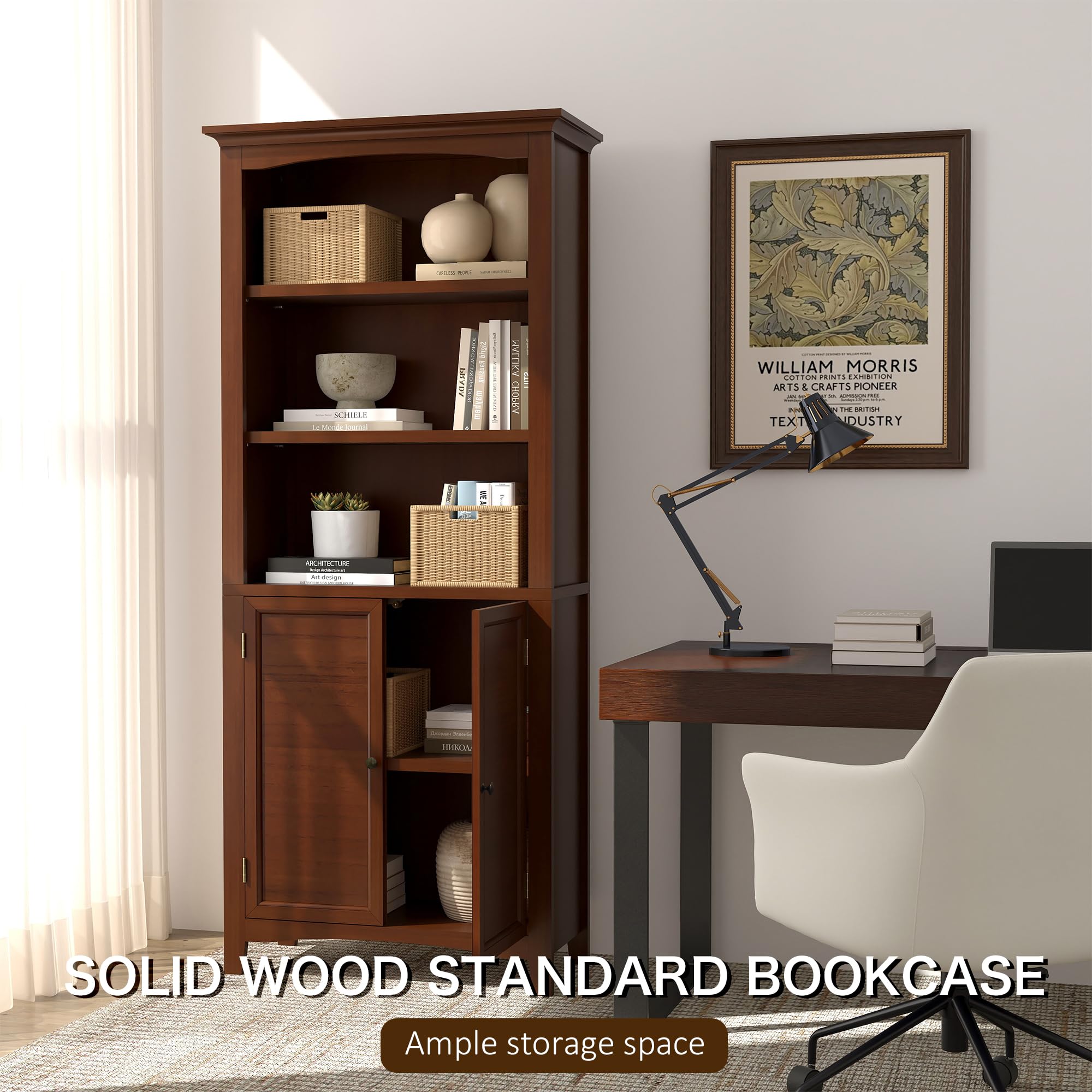 Ortello Home Harvin Standard Bookcase with Doors Set of 2, Solid Wood Bookshelves Floor Standing 5 Tier Adjustable Shelves Organizer and Storage, 72in Tall Bookshelf for Home Office, Living Room