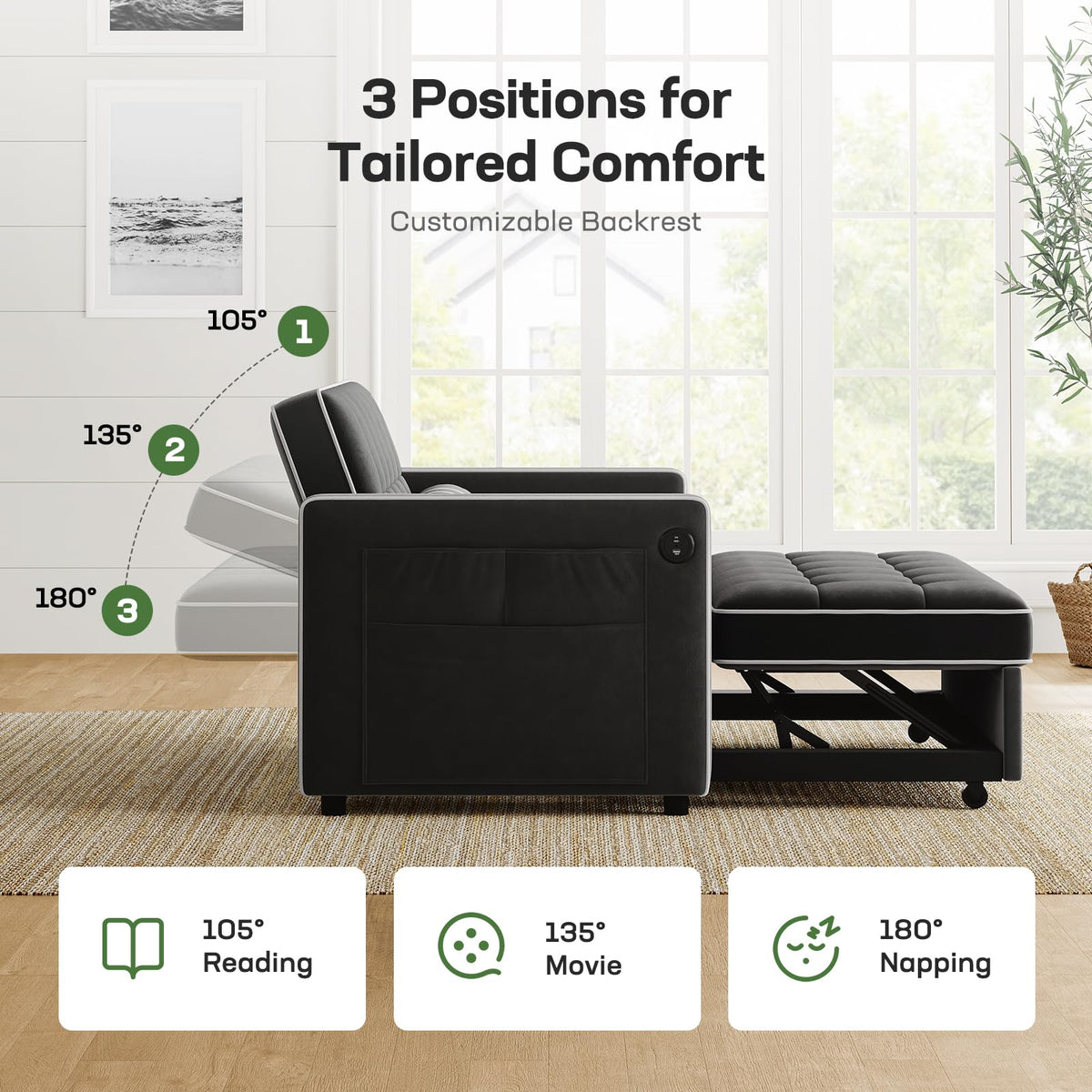 Marsail 3-in-1 Futon Sleeper Sofa Bed, Convertible Pull Out Couch, Black