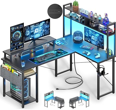 L-Shaped Desk with Power Outlets & Monitor Stand
