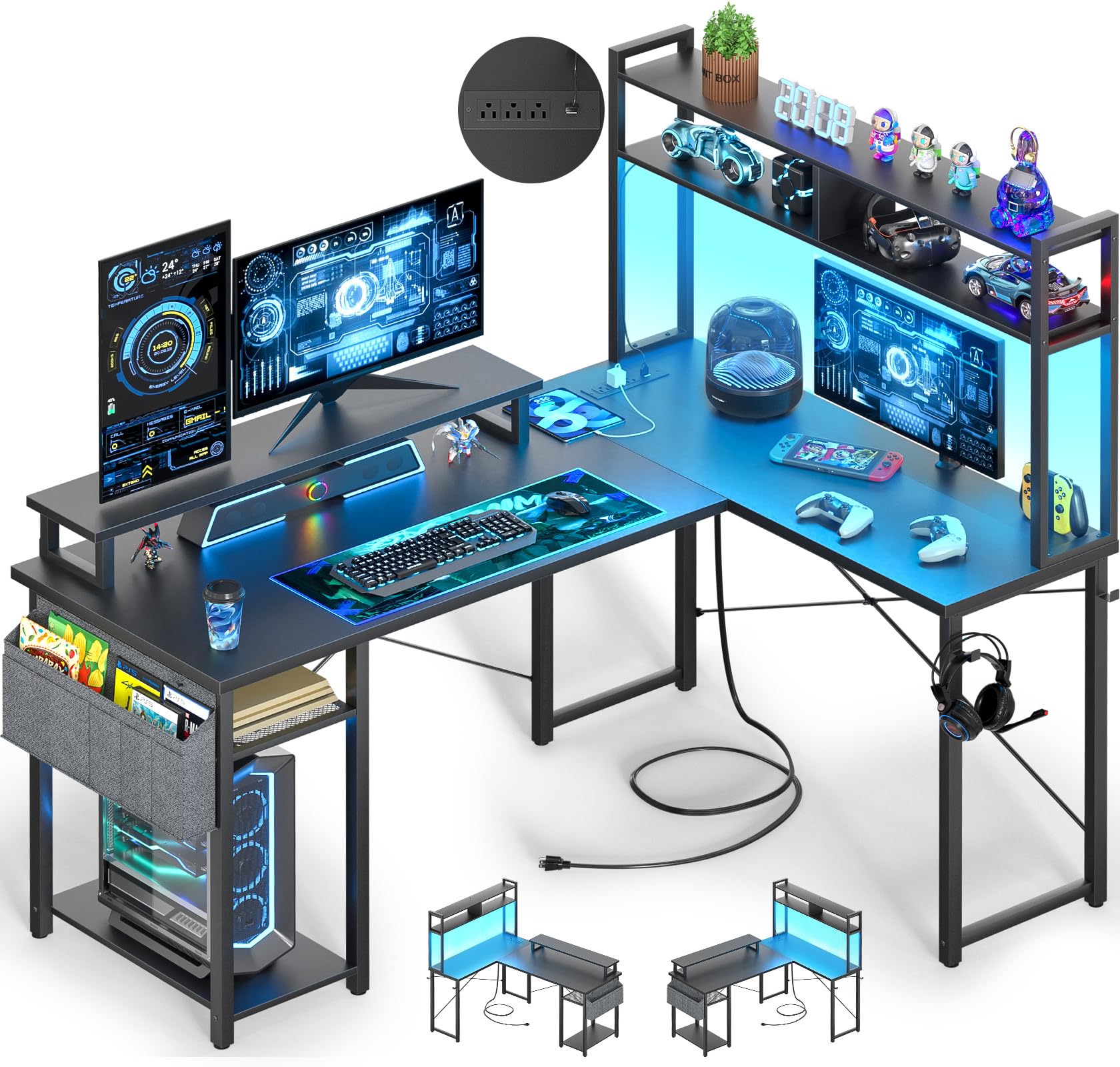 Besiost Small L Shaped Desk Gaming Desk with Power Outlets, 48" Reversible L Shaped Computer Desk with Monitor Stand & Storage Shelf, Corner Gamer Desk Home Office Desk with Storage Bag, Black