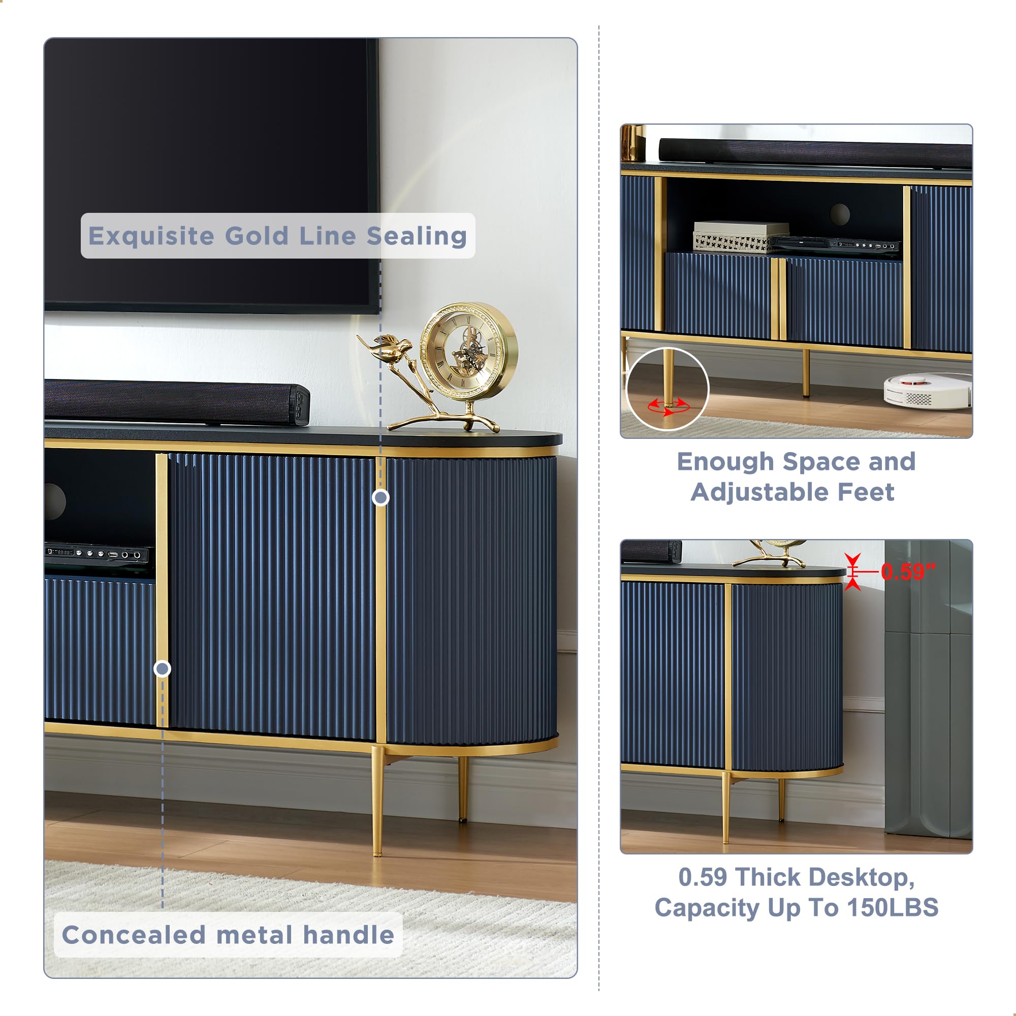 OKD Luxury 70" Fluted TV Stand, Modern Entertainment Center for TVs Up to 80 inches, TV Console with Faux Marble Top, Curved Profile Design, Media Console for Living Room, Blue