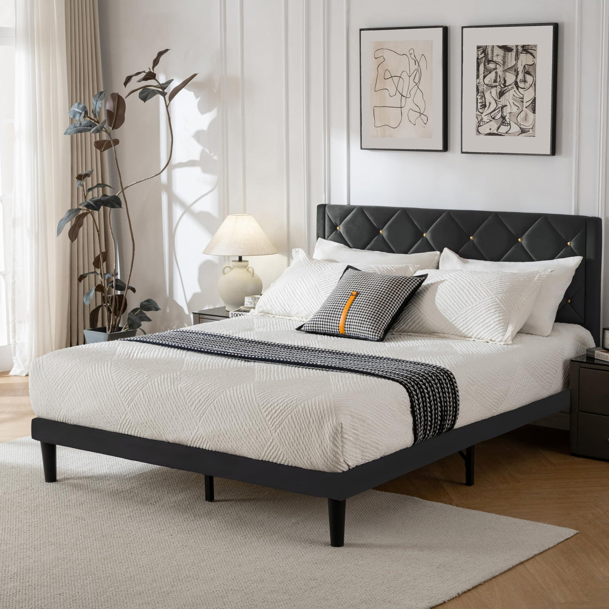 DUMGTIF Full Size Platform Bed Frame with Velvet Headboard