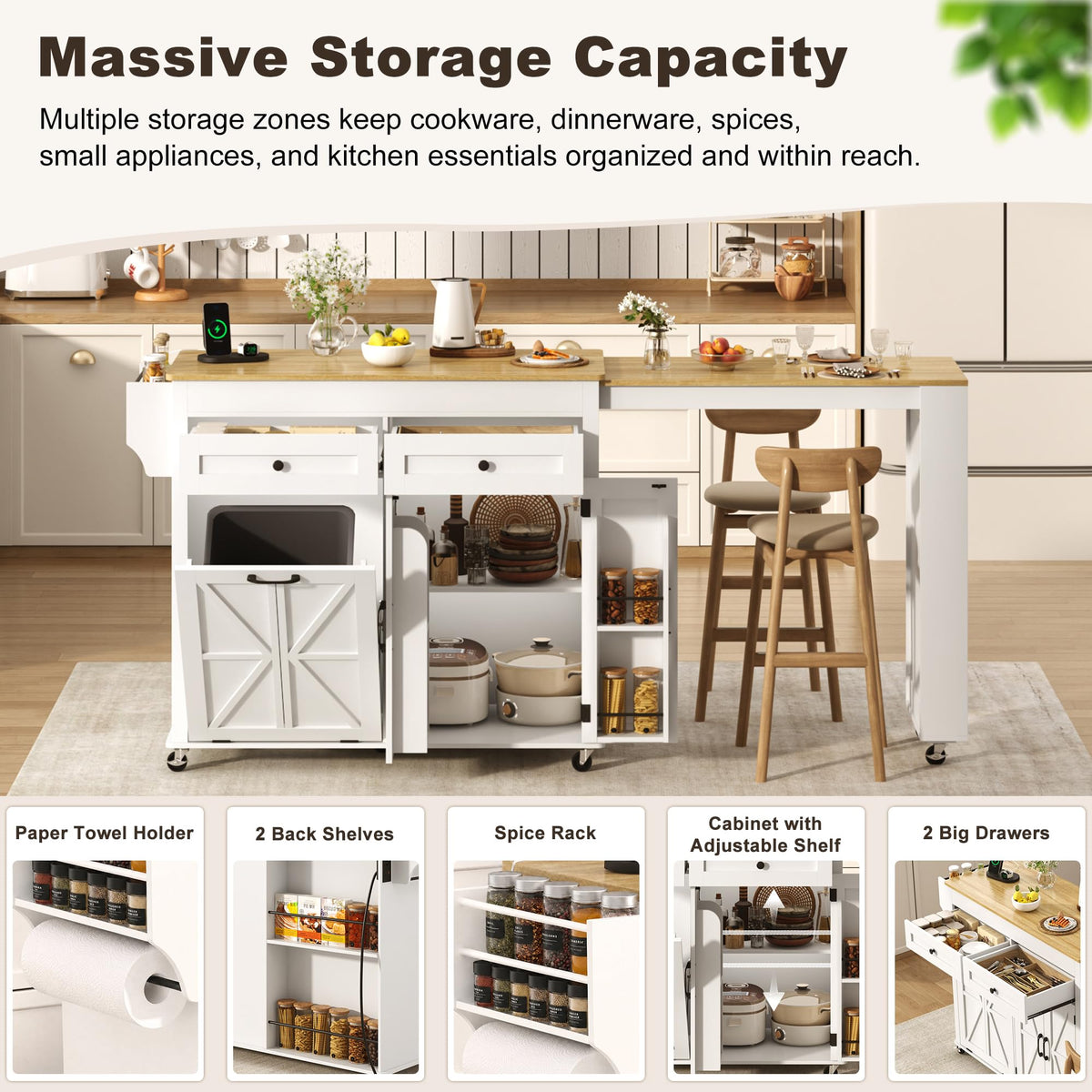 81.6"-51" Extendable Rolling Kitchen Island with Extended Dining Table & Power Outlet, Mobile Kitchen Storage Islands with Trash Cabinet, Large Islands Cart with Storage and 2 Seatings, White