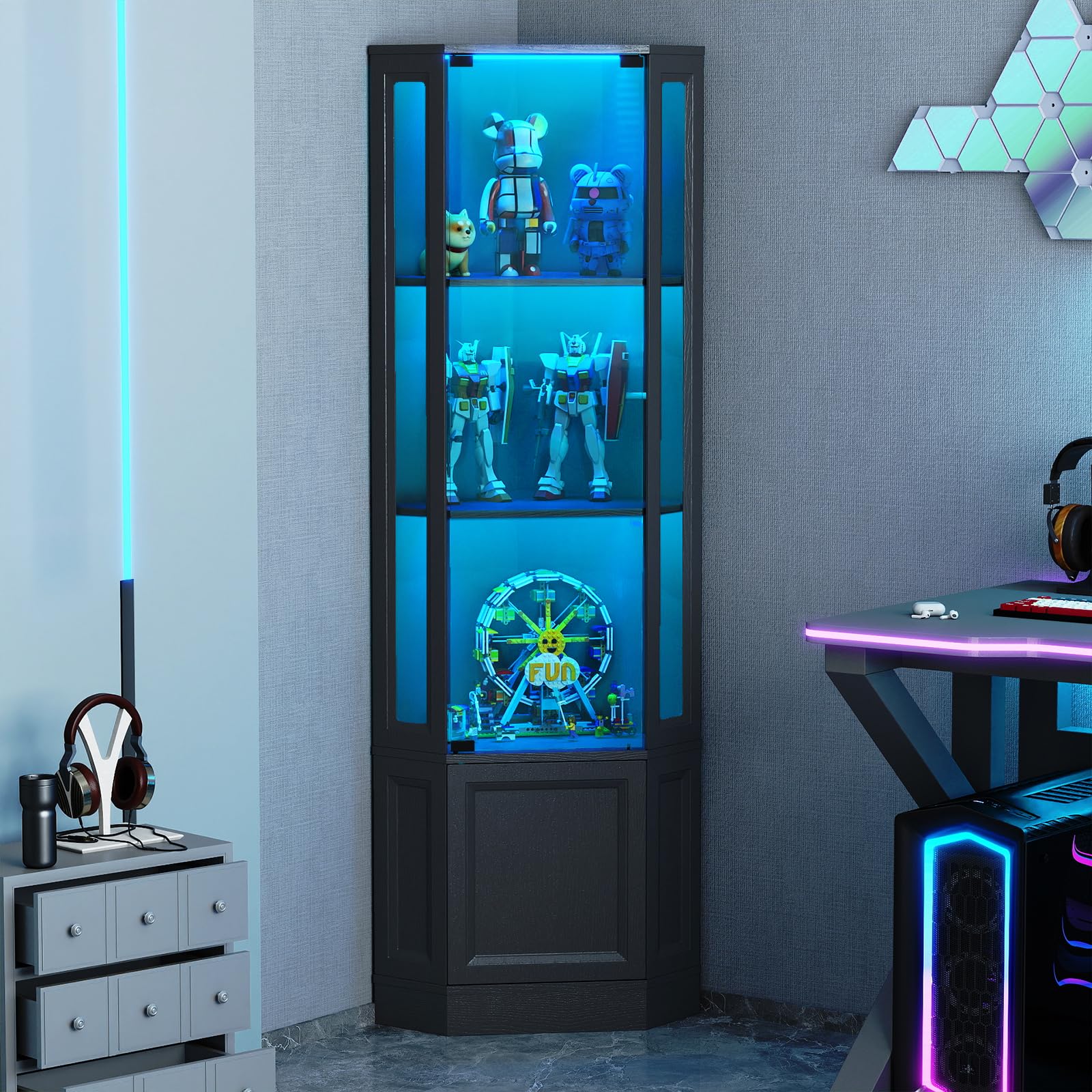 Corner Display Cabinet with LED Lights, 4-Tier Glass Curio Cabinet