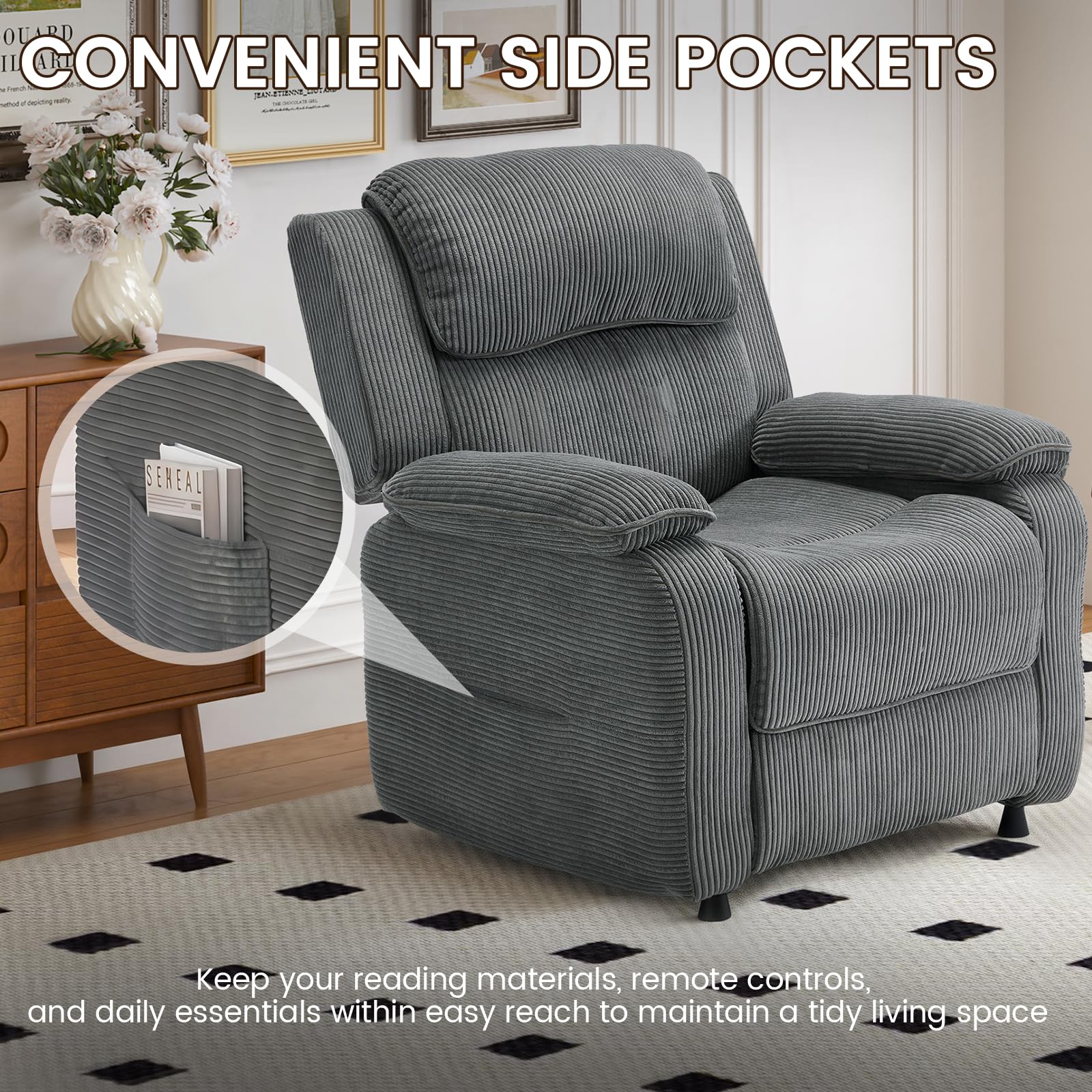 EROMMY Electric Recliner Chair, Oversized Power Recliner with USB Charging Port & Side Pockets, Heavy Duty Corduroy Reclining Sofa Chair, Wide Seat Living Room Chair for Adults, Dark Grey