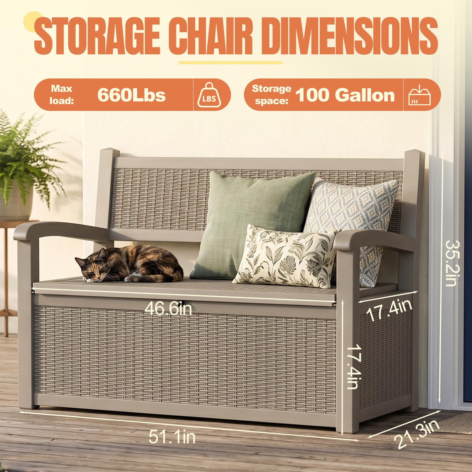 ATMELT Storage Bench Outdoor Deck Box,100 Gallon Waterproof & UV Resistant Lockable Patio Furniture Seating.Indoor/Outdoor Shoe Storage Cabinet for Garden Cushions,Tools,Patio,Pool Supplies(Taupe)