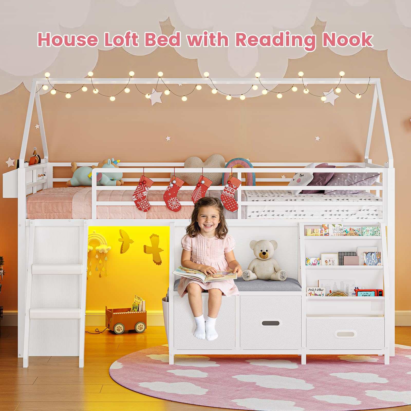 ADORNEVE Low Loft Bed Twin Size with Bookshelf, Reading Nook, LED Kids Loft Bed with 3 Drawers, Under-Bed Play Space, House Loft Beds with Safety Guardrail, Inclined Ladde & Play Curtain, White