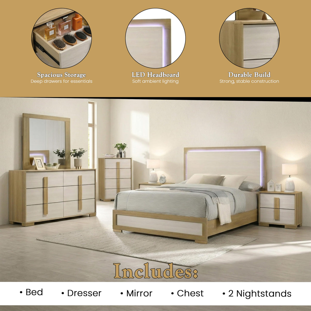 Kings Brand Furniture 6-Piece Natural/White Bedroom Set - King Size Bed with LED Lights, Dresser, Mirror, Chest and 2 Nightstands