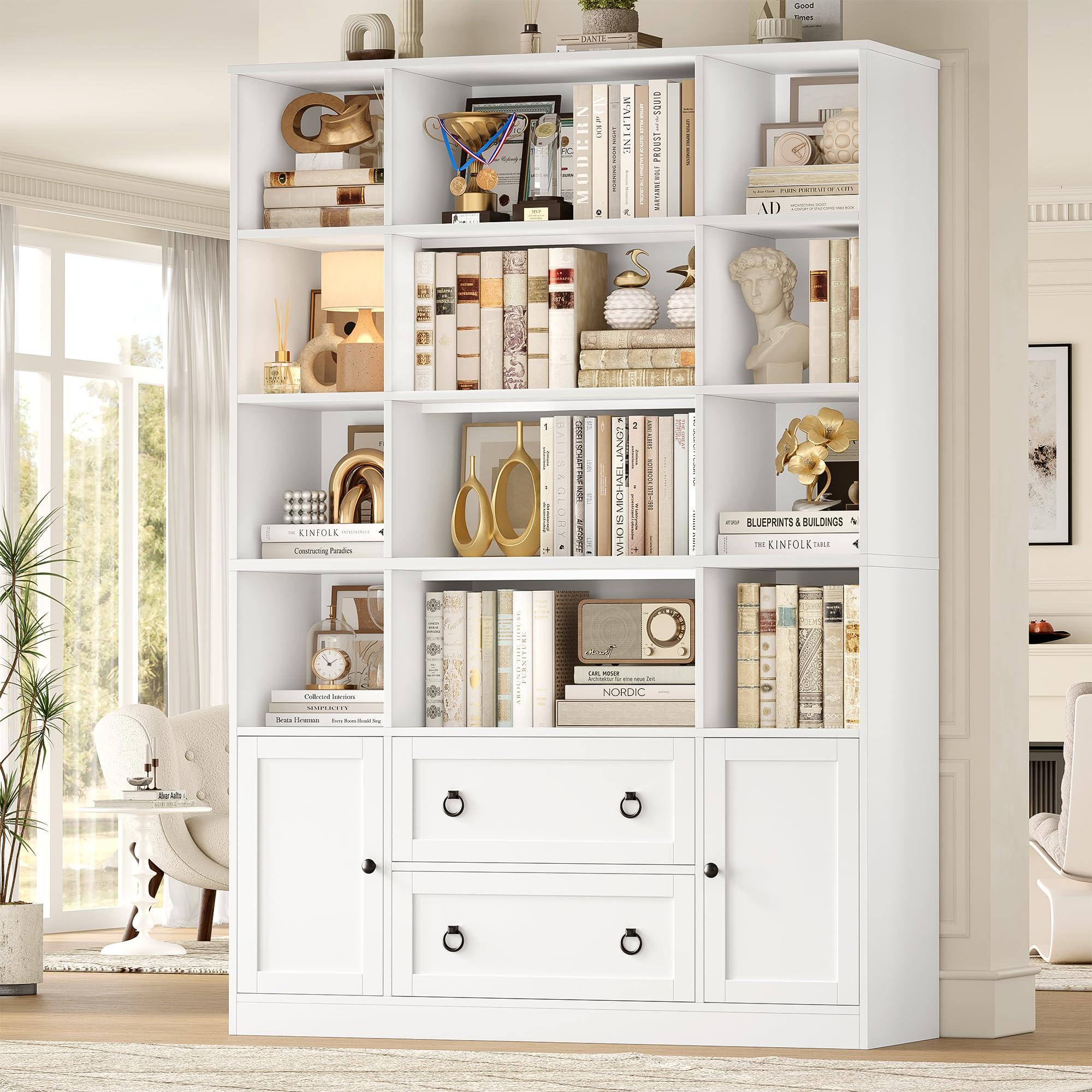 FINETONES 71" H White Bookshelf with Doors, 6 Tier Tall Bookcase with Drawers, Triple Wide Large Bookshelves and Bookcases, Wood Book Shelf Storage Cabinet for Home Office, White