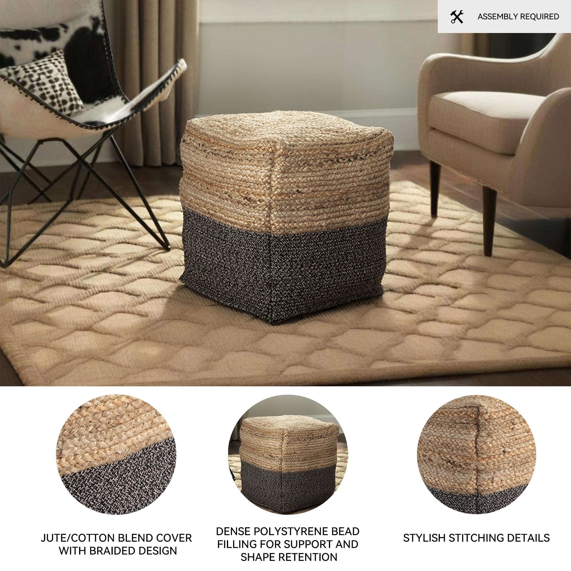 Signature Design by Ashley Sweed Valley Farmhouse Jute Braided Pouf, 17.5 x 20.25 inches, Natural & Black