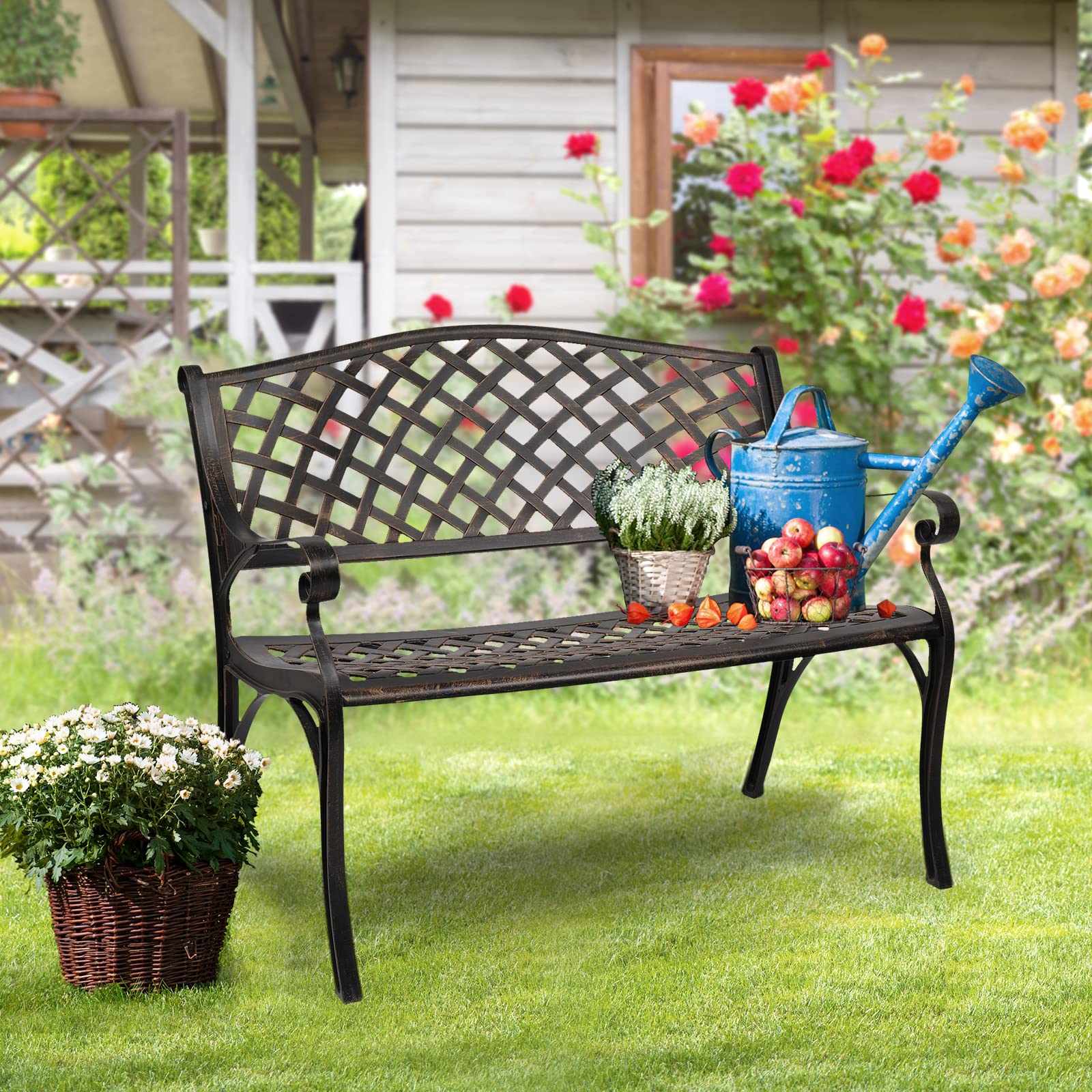 Outdoor Patio Garden Bench with Anti-Rust Aluminum Frame