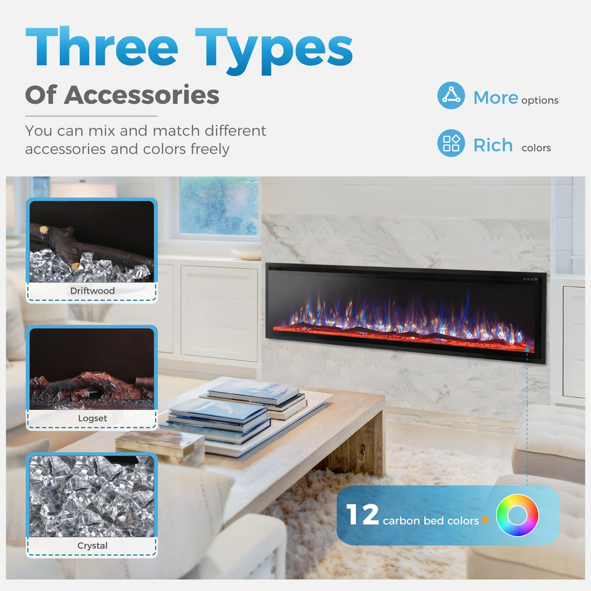 72" Electric Fireplace Inserts/Wall Mounted Ultra-Narrow Bezel Fireplace