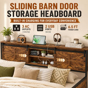 Homieasy Farmhouse Twin Daybed with Pop-Up Trundle, Metal Trundle Bed Frame with Bookcase Headboard, Charging Station & Barn Door Storage for Bedroom & Guest Room, Rustic Brown