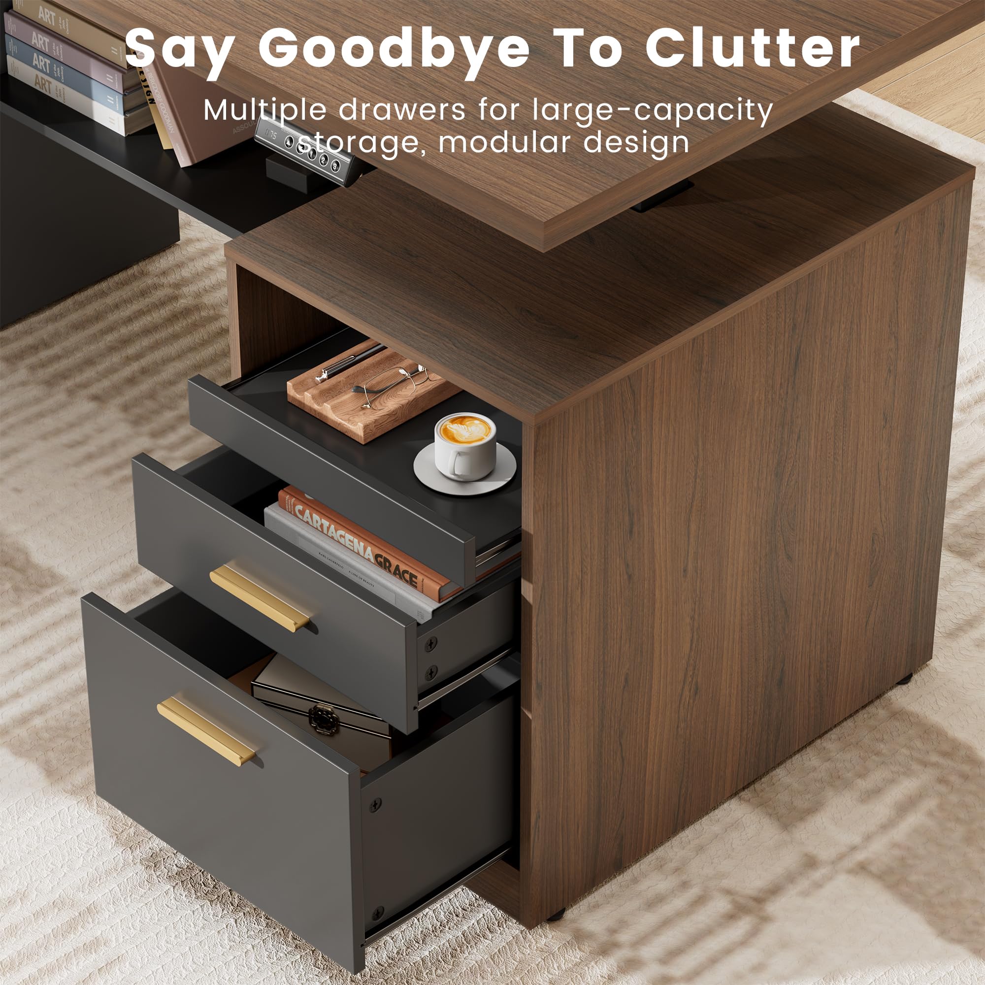 L-Shaped Electric Standing Desk with Drawers & Privacy Panel