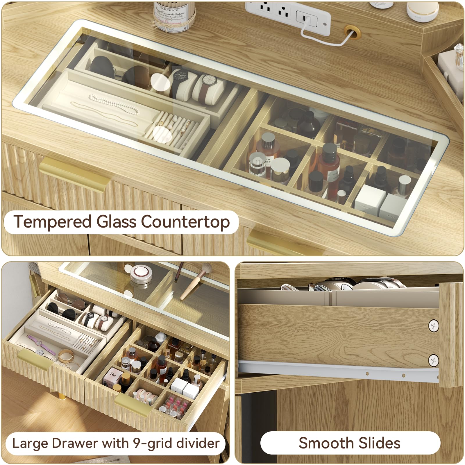 Corner Vanity Desk with 3-Color Dimmable LED Mirror, Heavy-Duty Makeup Vanity w/ Power Outlets & USB Charging, Premium Corner Makeup Table w/ Fluted Drawers & Storage Cabinet for Bedroom, Natural Oak