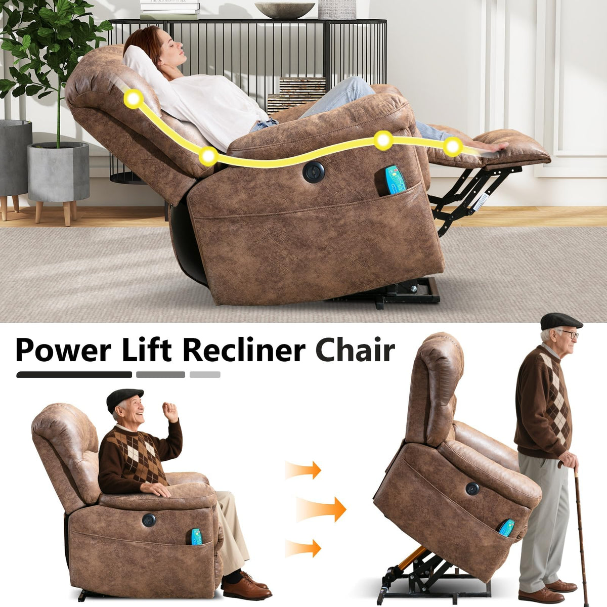 HAOMARKETS Oversized Power Leather Lift Recliner with Massage and Heat for Elderly, Electric Lifting Reclining Chair with Side Pockets and USB Port for Living Room, Brown