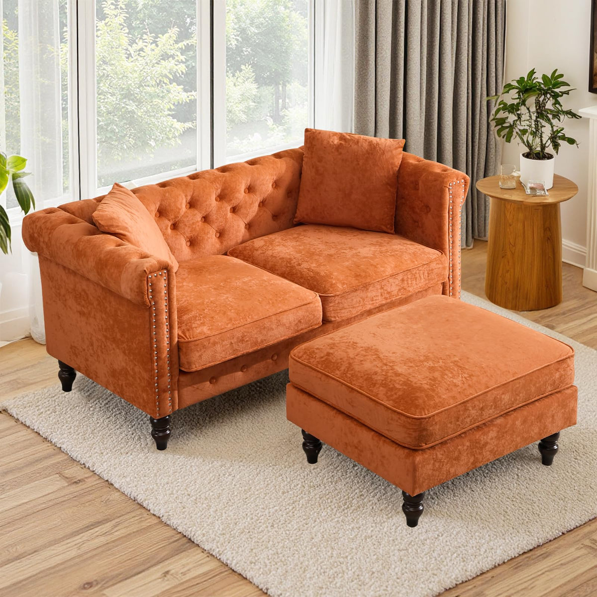 Chesterfield Velvet Loveseat with Ottoman
