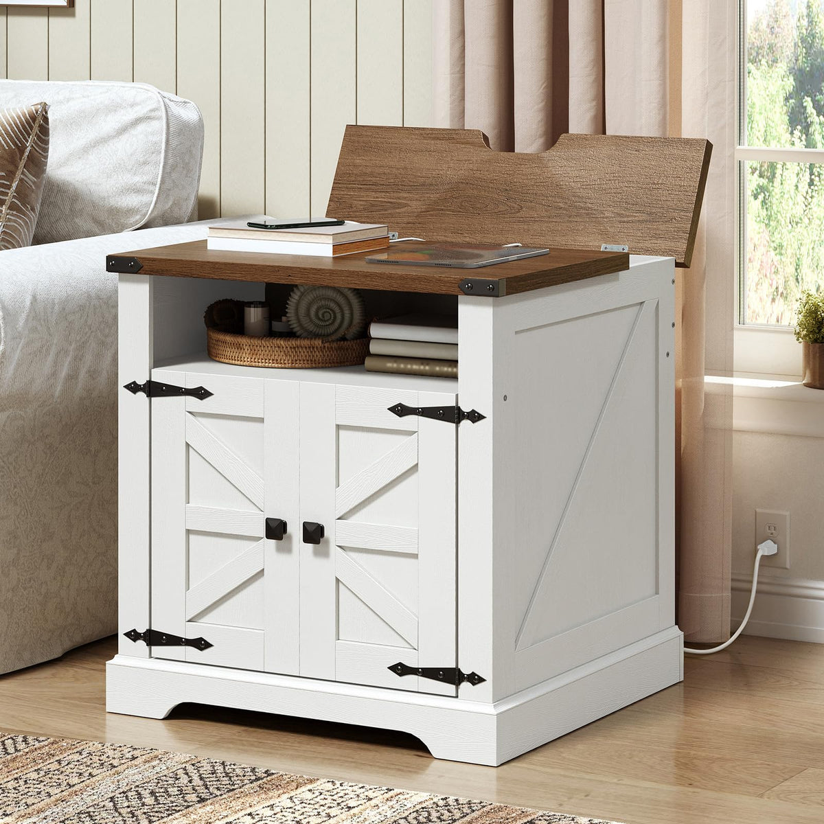 HOOBRO Farmhouse End Table Set of 2 with Charging Station, Large Side Table