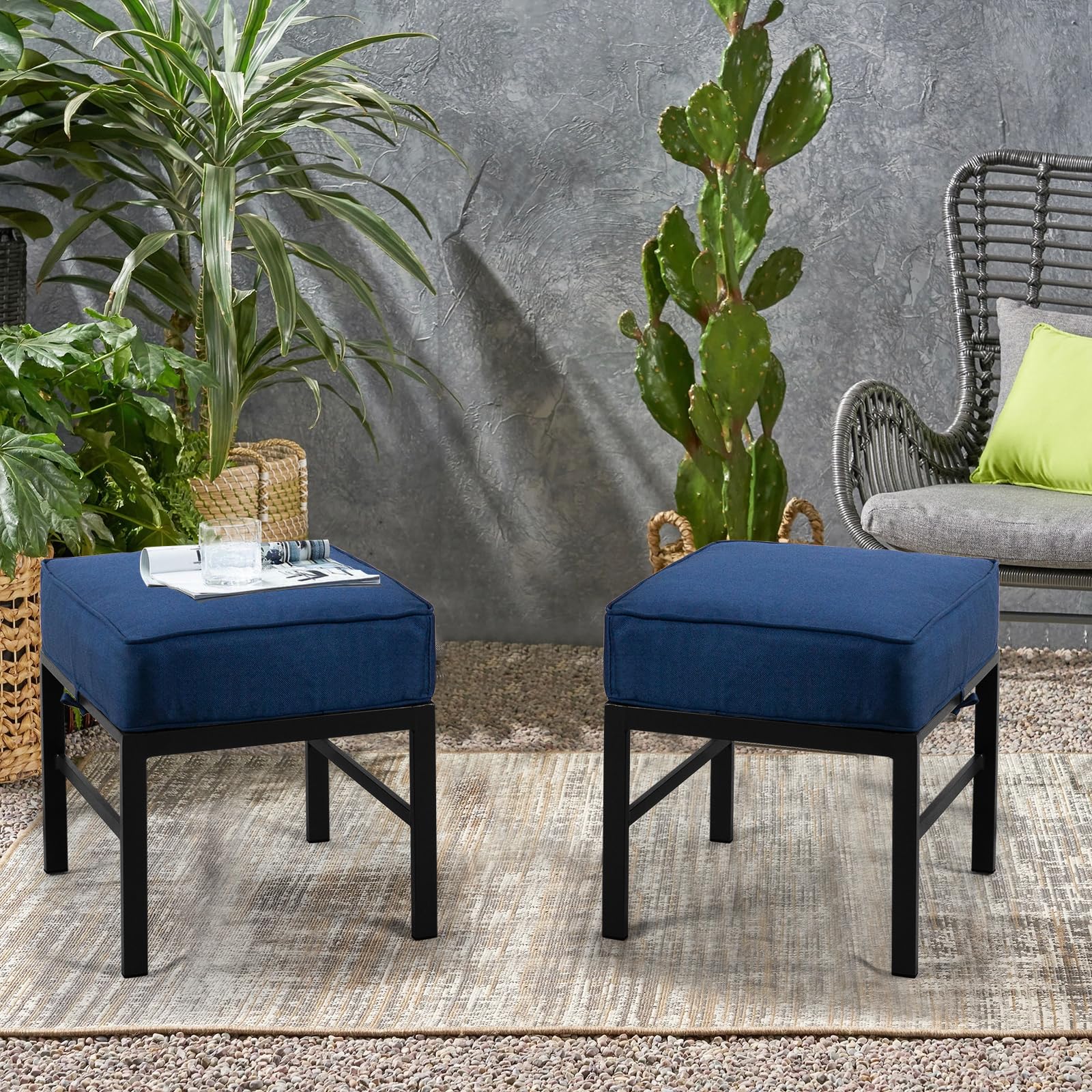 Outdoor Aluminum Patio Ottomans with Cushions – Set of 2