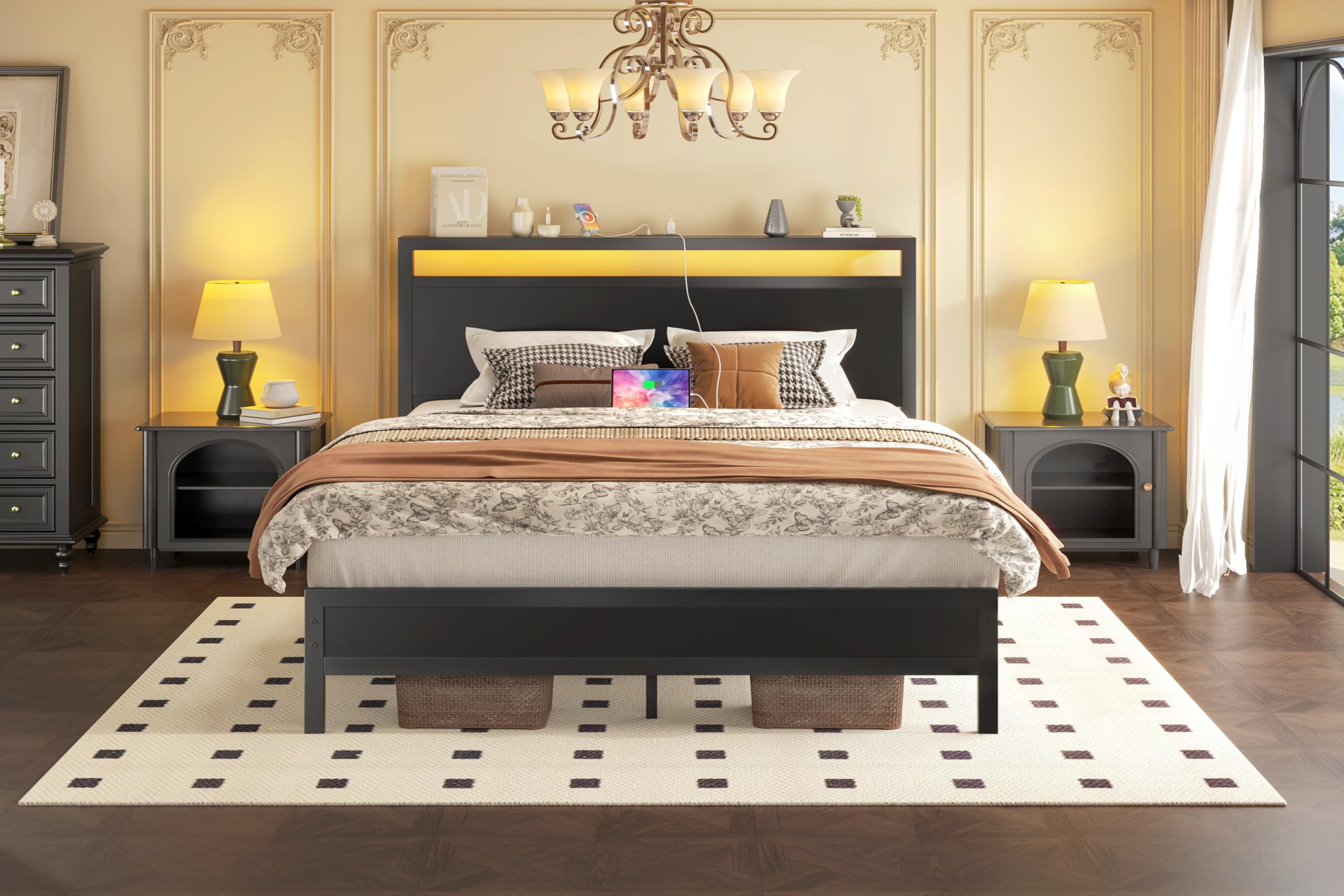 Queen Bed Frame with LED Headboard & Built-in Charging Station