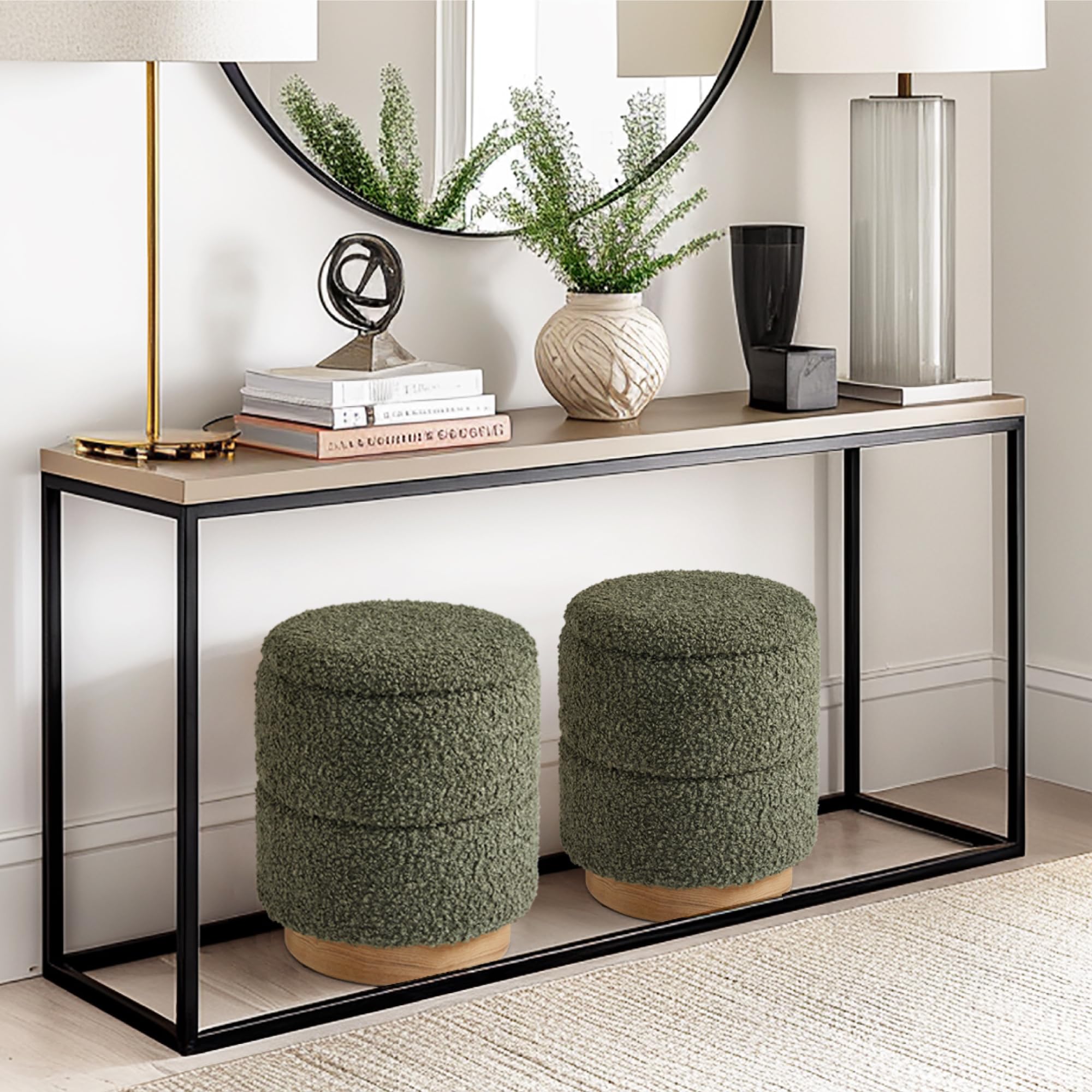 Round Storage Ottoman with Boucle Fabric
