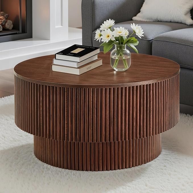 Round Fluted Wood Coffee Table with Storage