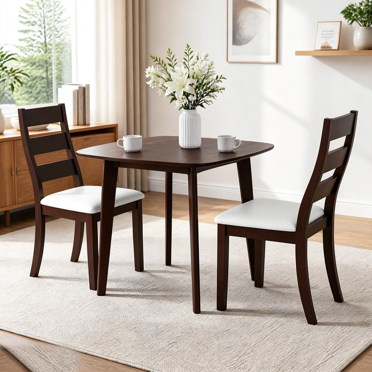 GIANTEX Small Dining Table Set for 2, Wood Square Kitchen Table and 2 Dinner Chairs with Upholstered Seat & Curved Backrest, Space-Saving Dinette Set for Small Space, Living Room, Dining Room