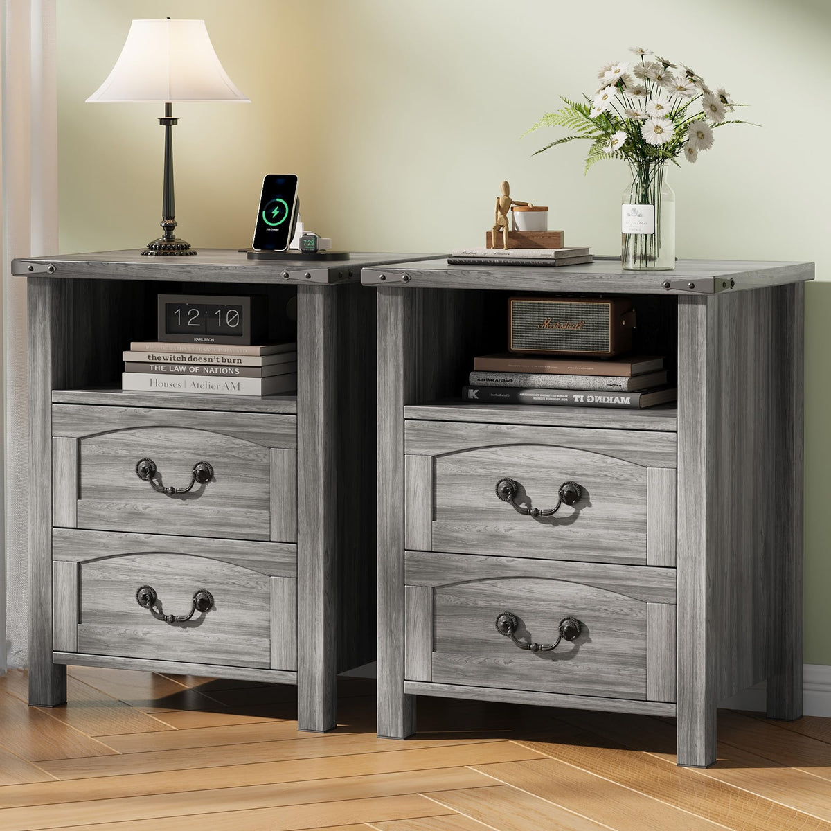 Decofy Farmhouse Nightstand Set of 2 with Charging Station, 2 Drawers, 18" Wide Rustic Bedside Table with Open Shelf, Wood End Table, Night Stand Set of 2 for Bedroom, Grey Oak