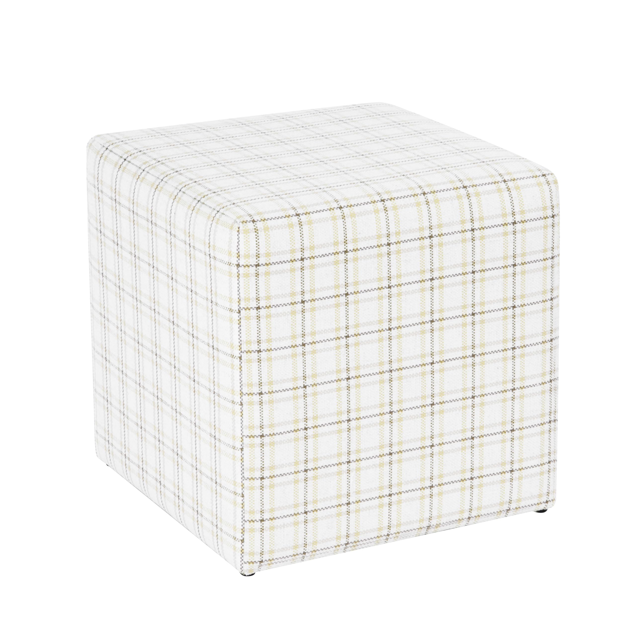 HomePop 19” Square Upholstered Ottoman with Solid & Engineered Wood Frame, Modern Cube Accent Stool for Living Room, Bedroom or Entryway - Natural Plaid Woven Fabric