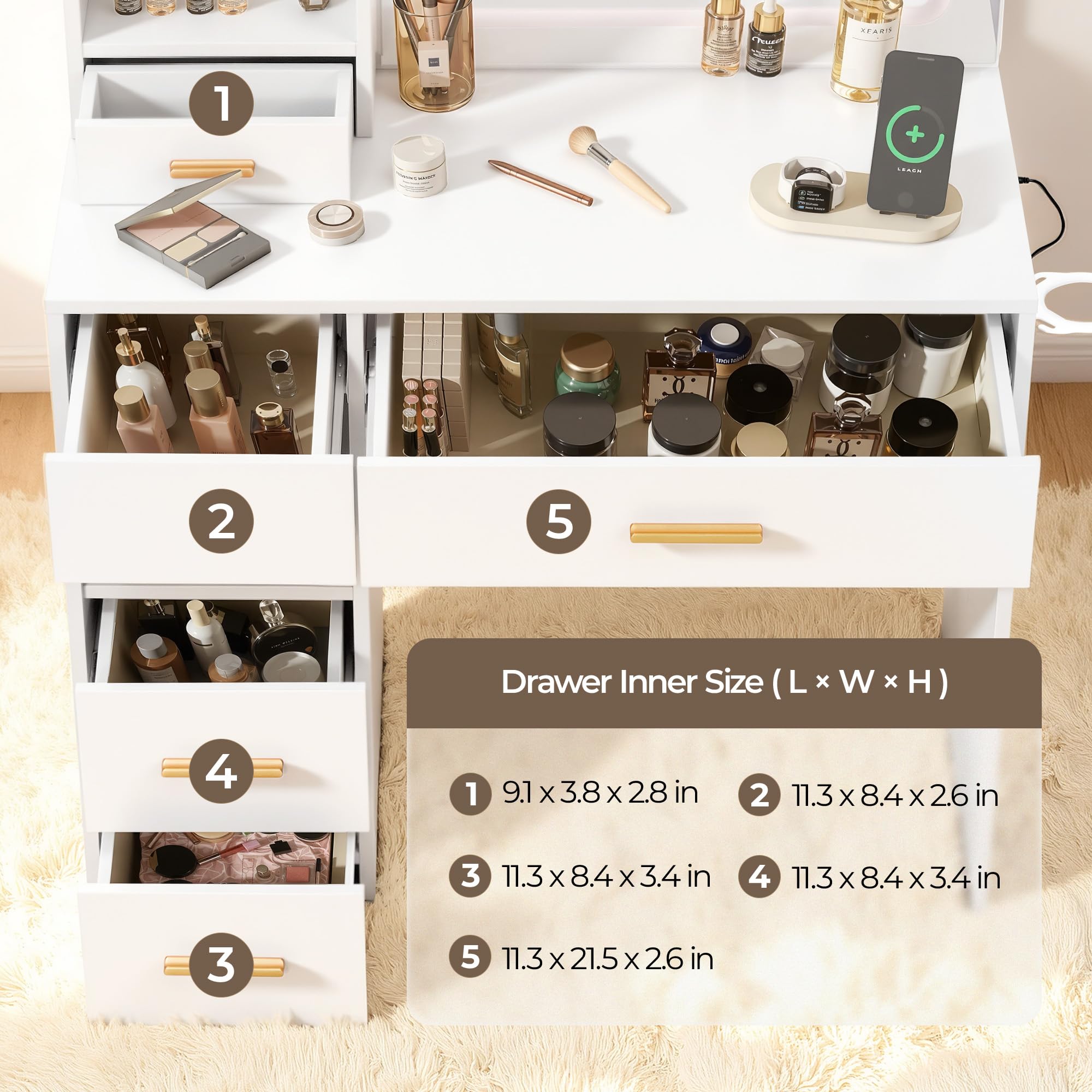 LED Makeup Vanity Desk with Mirror, Drawers & Storage Stool