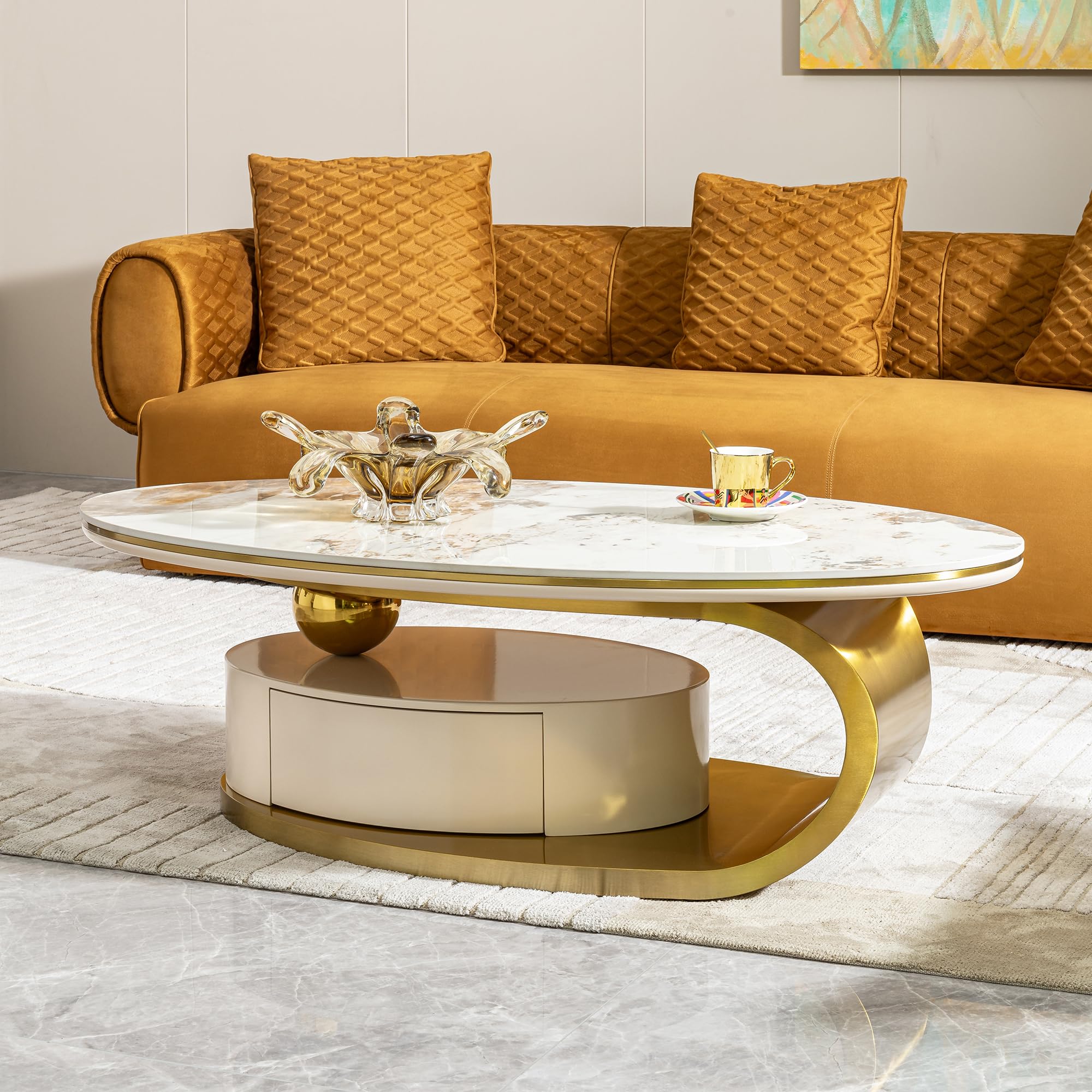 Oval Coffee Table with Faux Stone Top & Gold Steel Base